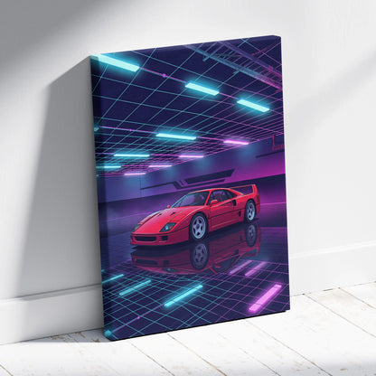 Ferrari F40 Inspired Red Purple Canvas Wall Art, Vaporwave Supercar Artwork, Neon Grid Garage Decor, Retro Futuristic Exotic Print