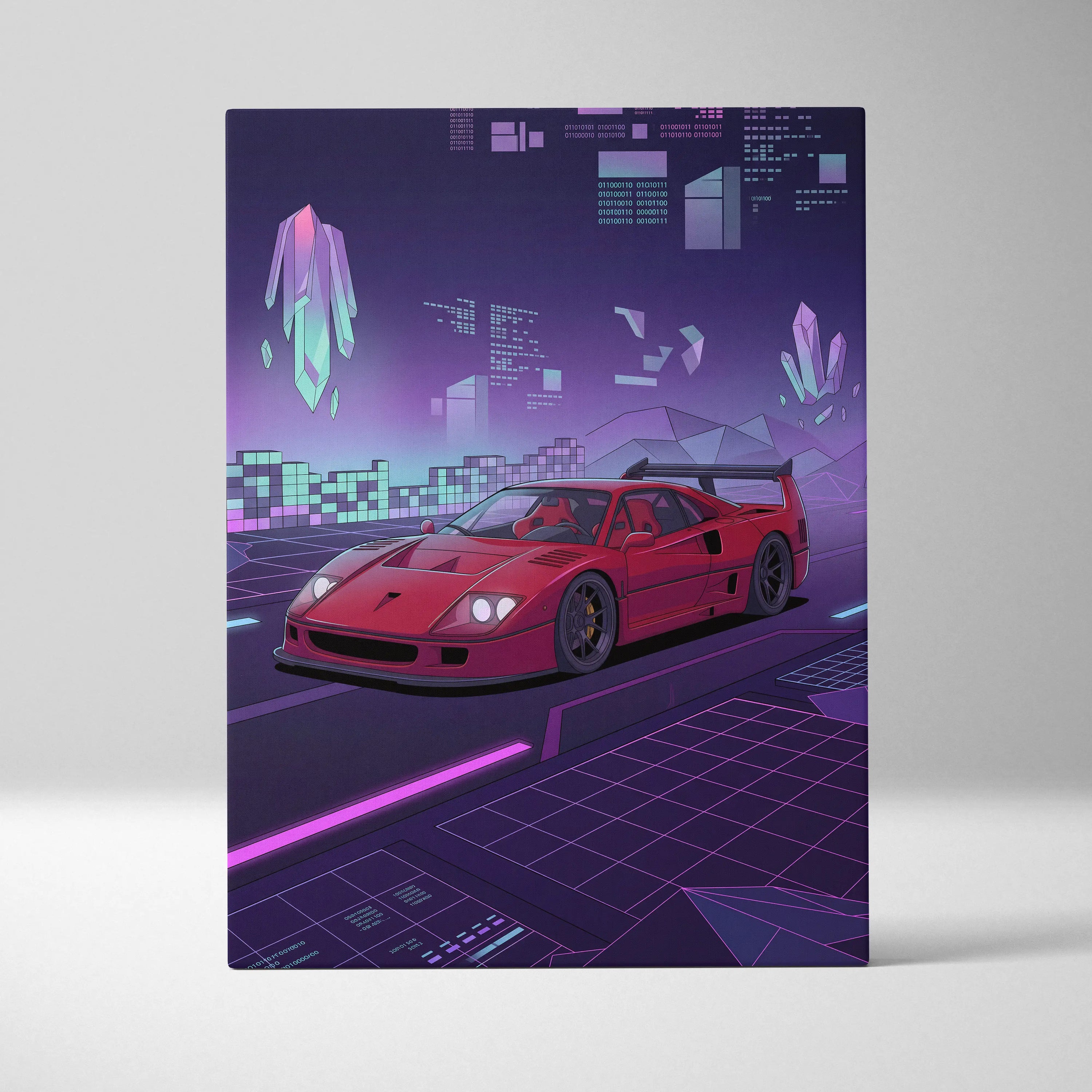 Ferrari F40 Inspired Red Purple Canvas Wall Art, Vaporwave Supercar Artwork, Neon Grid Garage Decor, Retro Futuristic Exotic Print