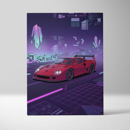 Ferrari F40 Inspired Red Purple Canvas Wall Art, Vaporwave Supercar Artwork, Neon Grid Garage Decor, Retro Futuristic Exotic Print