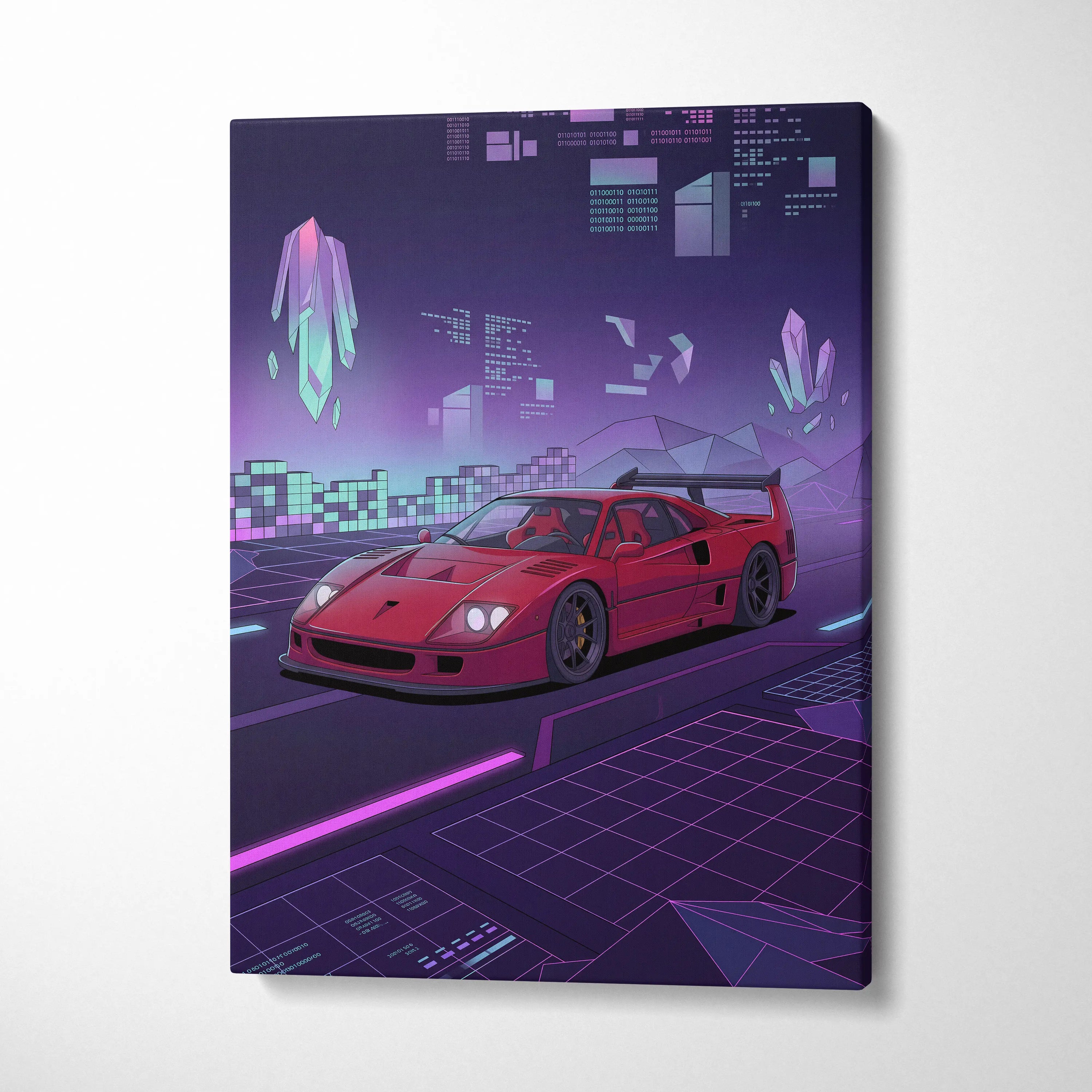 Ferrari F40 Inspired Red Purple Canvas Wall Art, Vaporwave Supercar Artwork, Neon Grid Garage Decor, Retro Futuristic Exotic Print