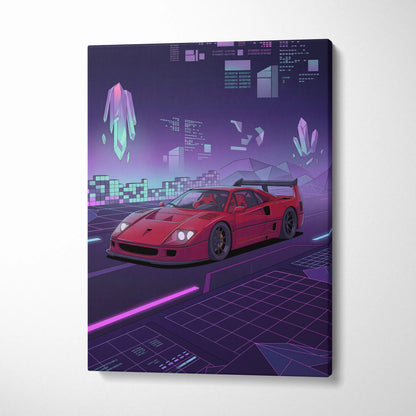 Ferrari F40 Inspired Red Purple Canvas Wall Art, Vaporwave Supercar Artwork, Neon Grid Garage Decor, Retro Futuristic Exotic Print