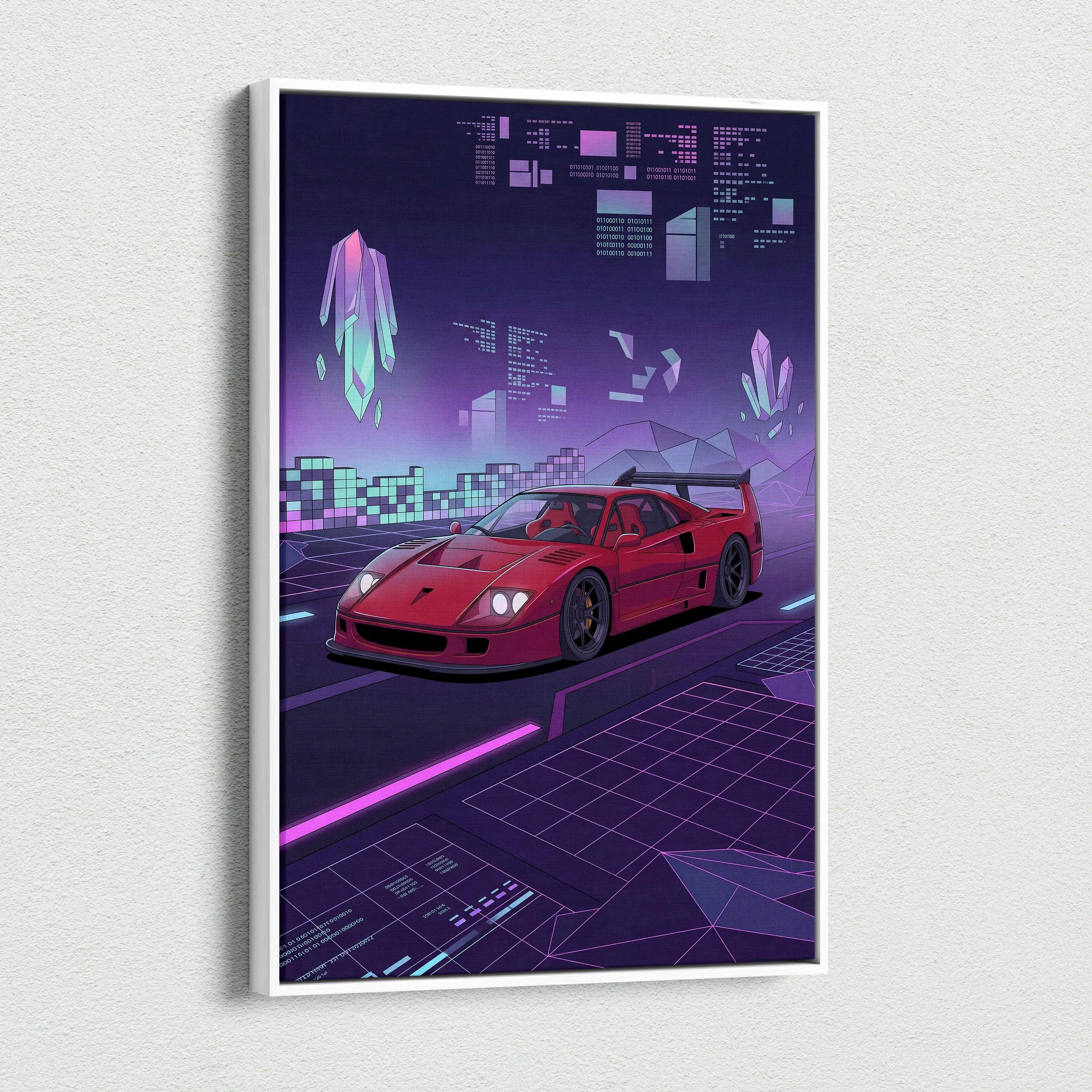 Ferrari F40 Inspired Red Purple Canvas Wall Art, Vaporwave Supercar Artwork, Neon Grid Garage Decor, Retro Futuristic Exotic Print