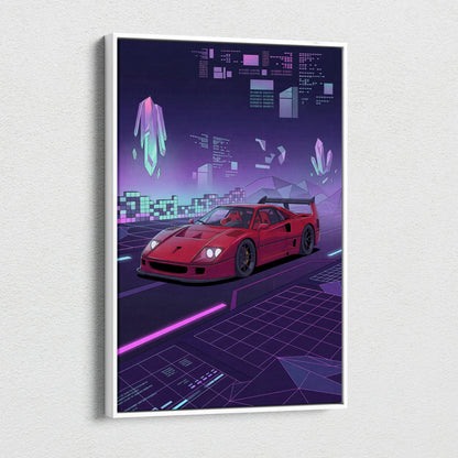 Ferrari F40 Inspired Red Purple Canvas Wall Art, Vaporwave Supercar Artwork, Neon Grid Garage Decor, Retro Futuristic Exotic Print