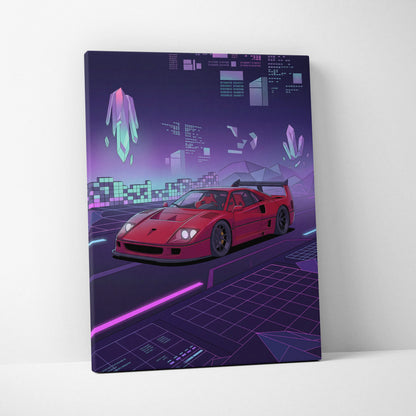 Ferrari F40 Inspired Red Purple Canvas Wall Art, Vaporwave Supercar Artwork, Neon Grid Garage Decor, Retro Futuristic Exotic Print