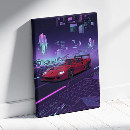 Ferrari F40 Inspired Red Purple Canvas Wall Art, Vaporwave Supercar Artwork, Neon Grid Garage Decor, Retro Futuristic Exotic Print