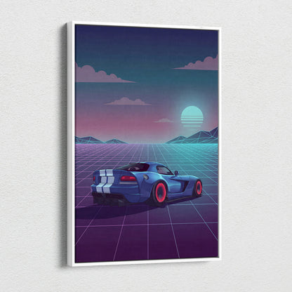 Dodge Viper Inspired Vaporwave Canvas - Car Neon Pink Teal Living Room Vaporwave Dreamy Nostalgic Retro Grid Canvas Print