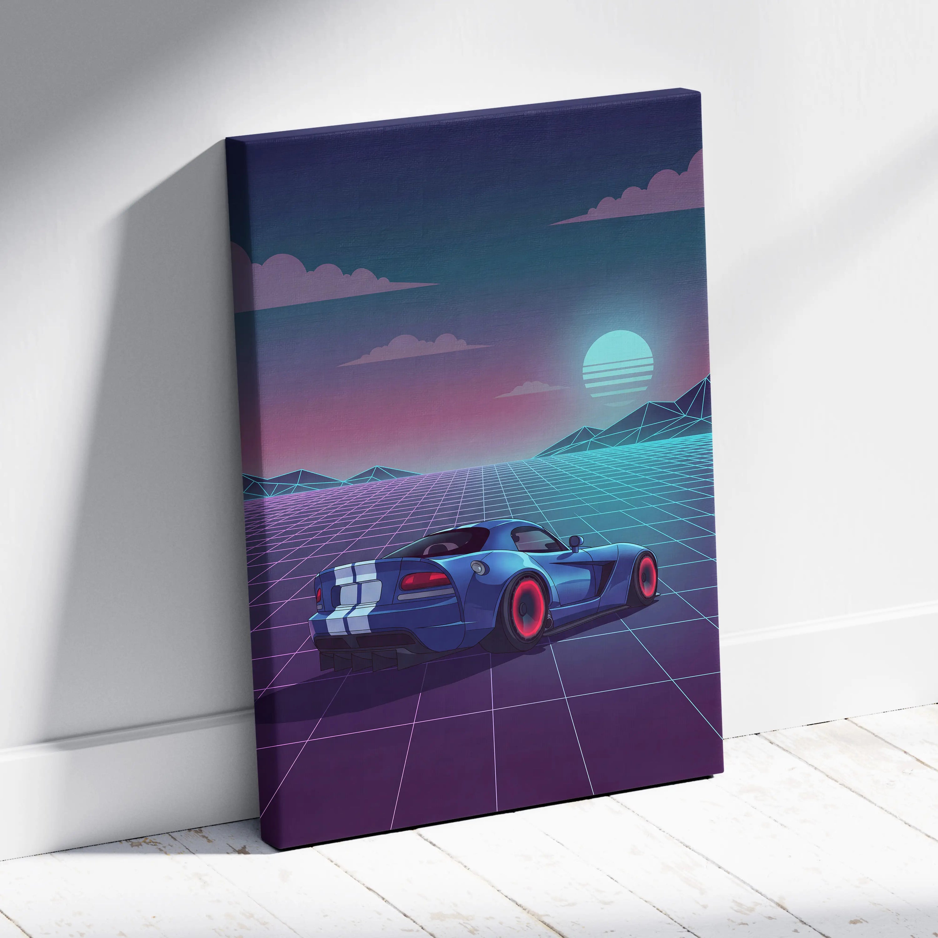 Dodge Viper Inspired Vaporwave Canvas - Car Neon Pink Teal Living Room Vaporwave Dreamy Nostalgic Retro Grid Canvas Print