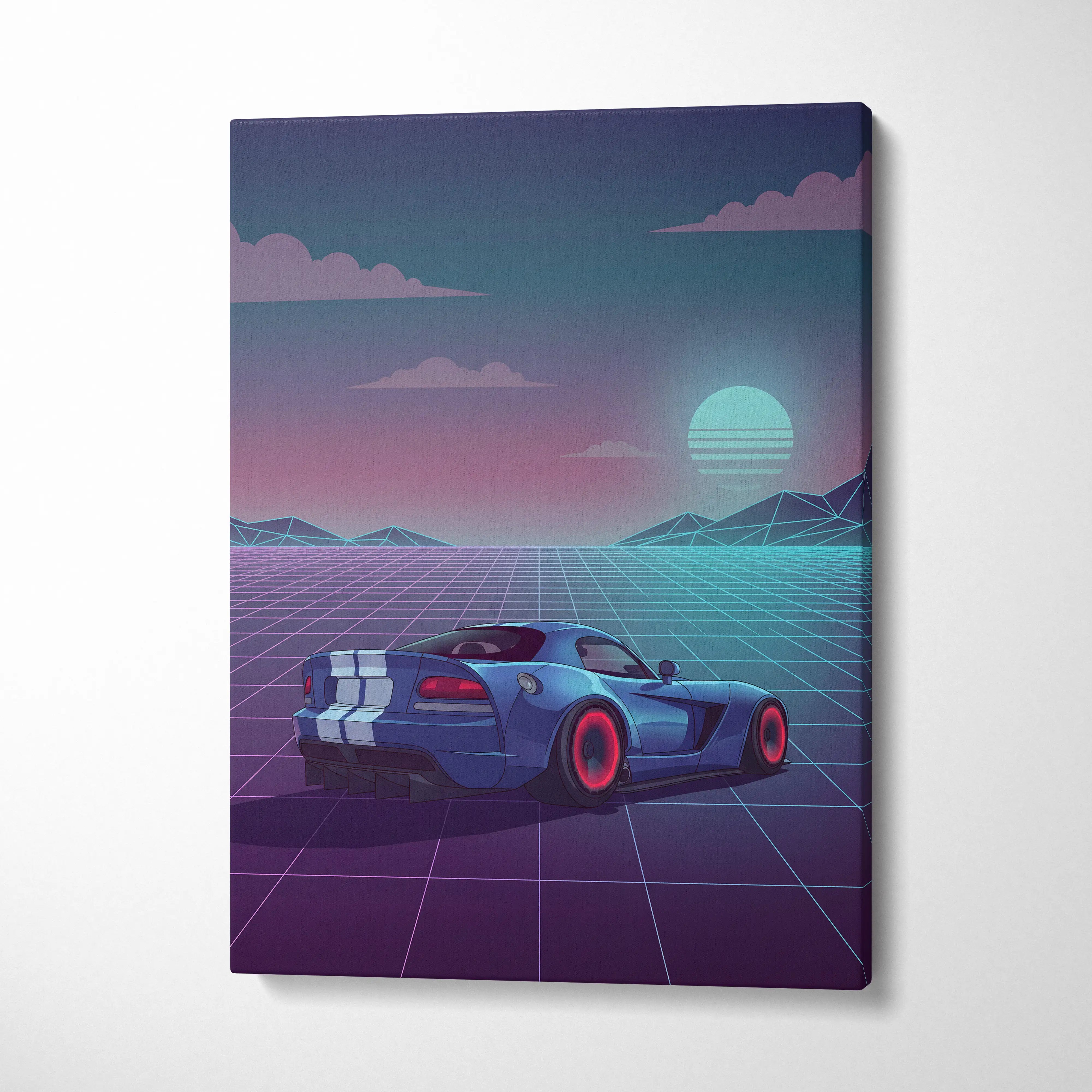 Dodge Viper Inspired Vaporwave Canvas - Car Neon Pink Teal Living Room Vaporwave Dreamy Nostalgic Retro Grid Canvas Print
