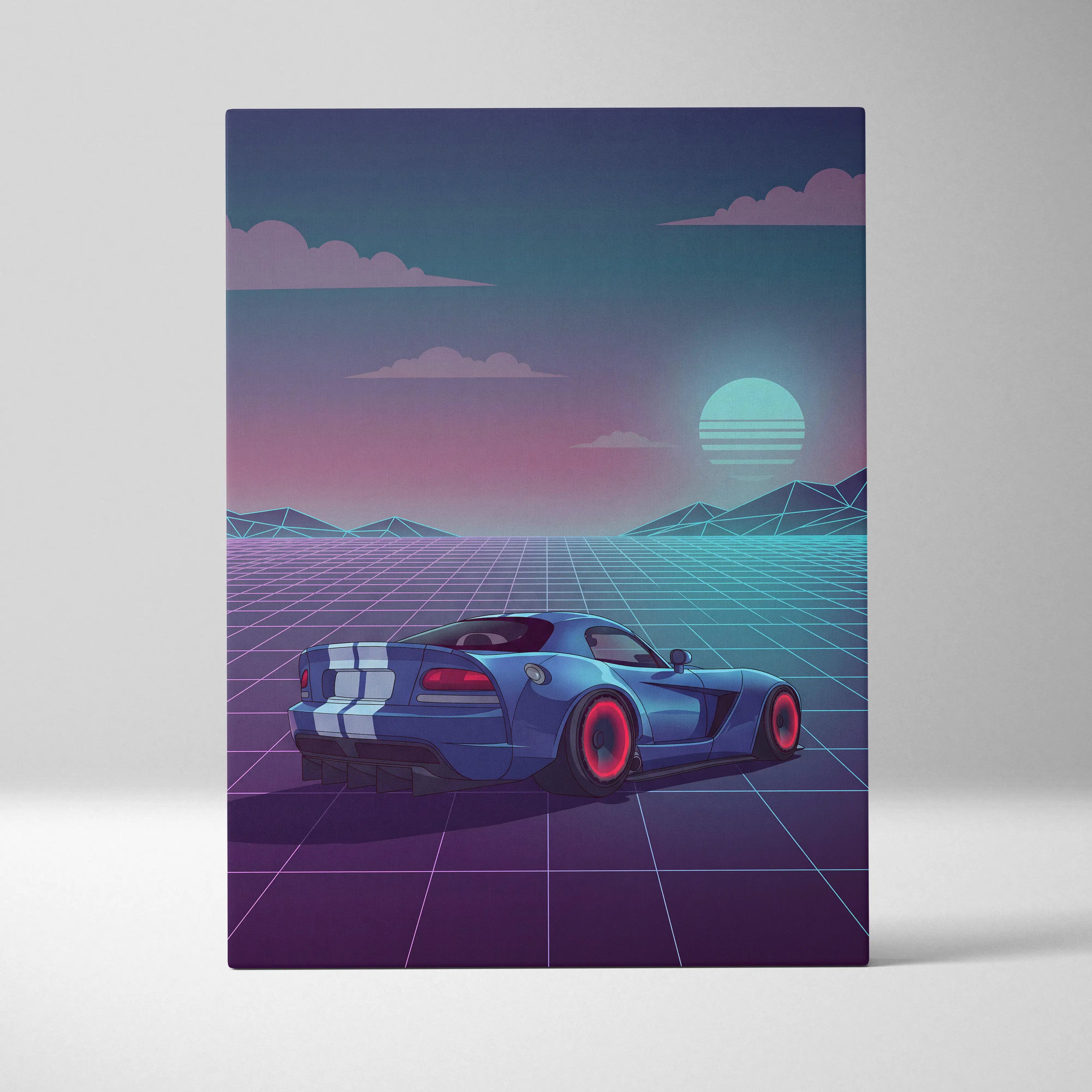 Dodge viper inspired vaporwave canvas print featuring a blue sports car with white stripes in a retro-futuristic landscape