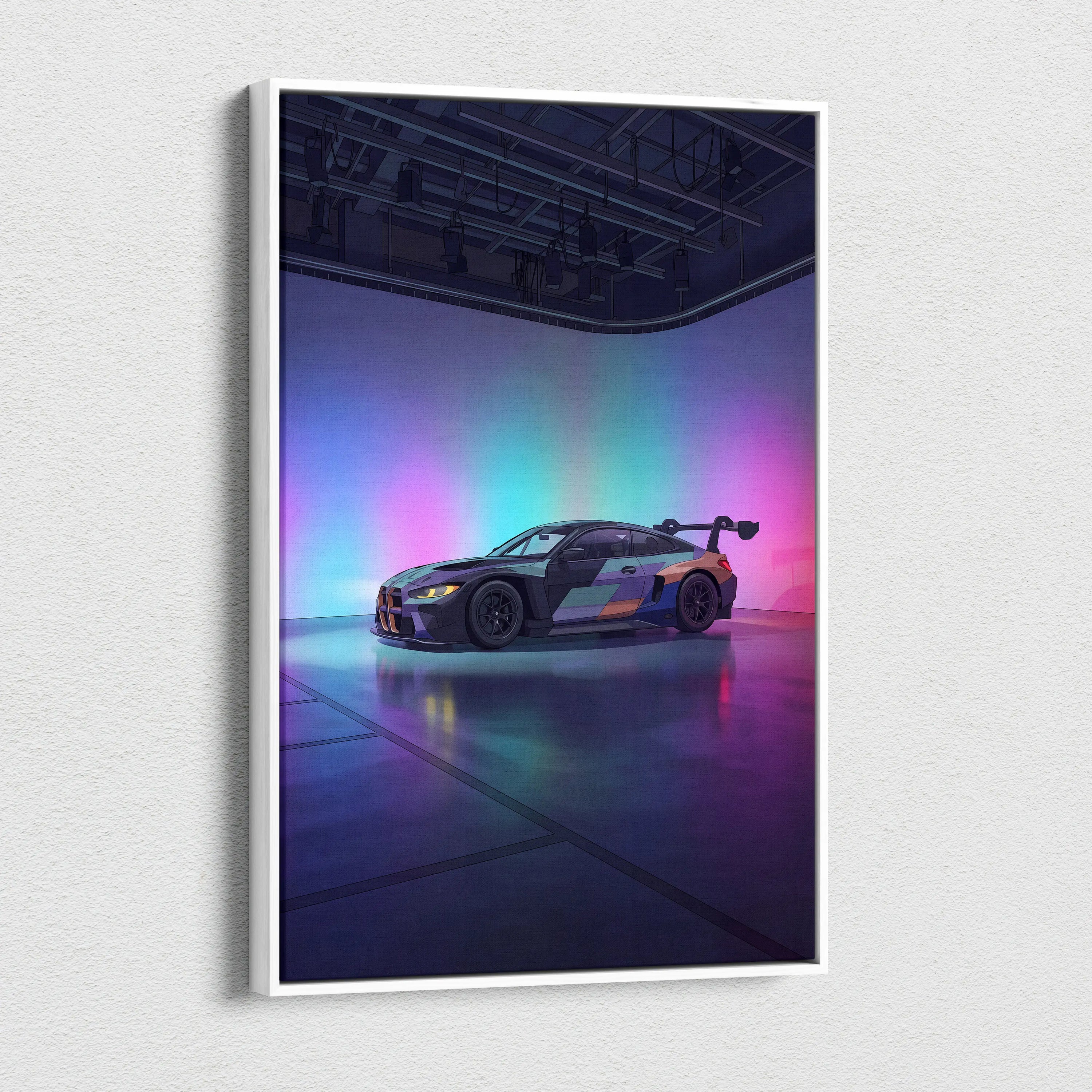 BMW M4 GT3 Inspired Vaporwave Car Canvas - Vaporwave Car Art Neon Pink Cyan Living Room Retro Nostalgic Glow Modern Retro Neon Car Wall Art Canvas