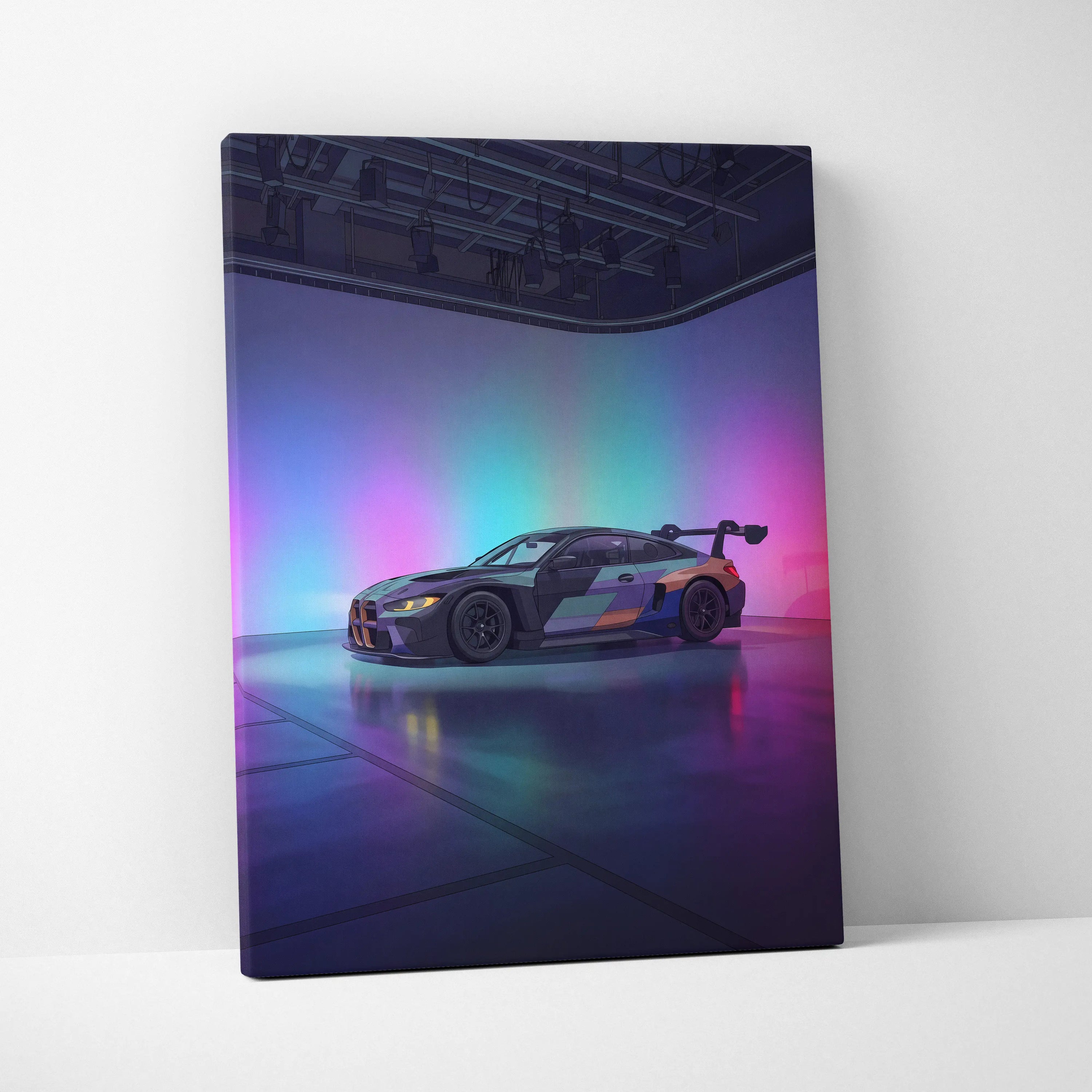 BMW M4 GT3 Inspired Vaporwave Car Canvas - Vaporwave Car Art Neon Pink Cyan Living Room Retro Nostalgic Glow Modern Retro Neon Car Wall Art Canvas
