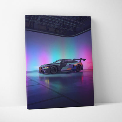 BMW M4 GT3 Inspired Vaporwave Car Canvas - Vaporwave Car Art Neon Pink Cyan Living Room Retro Nostalgic Glow Modern Retro Neon Car Wall Art Canvas