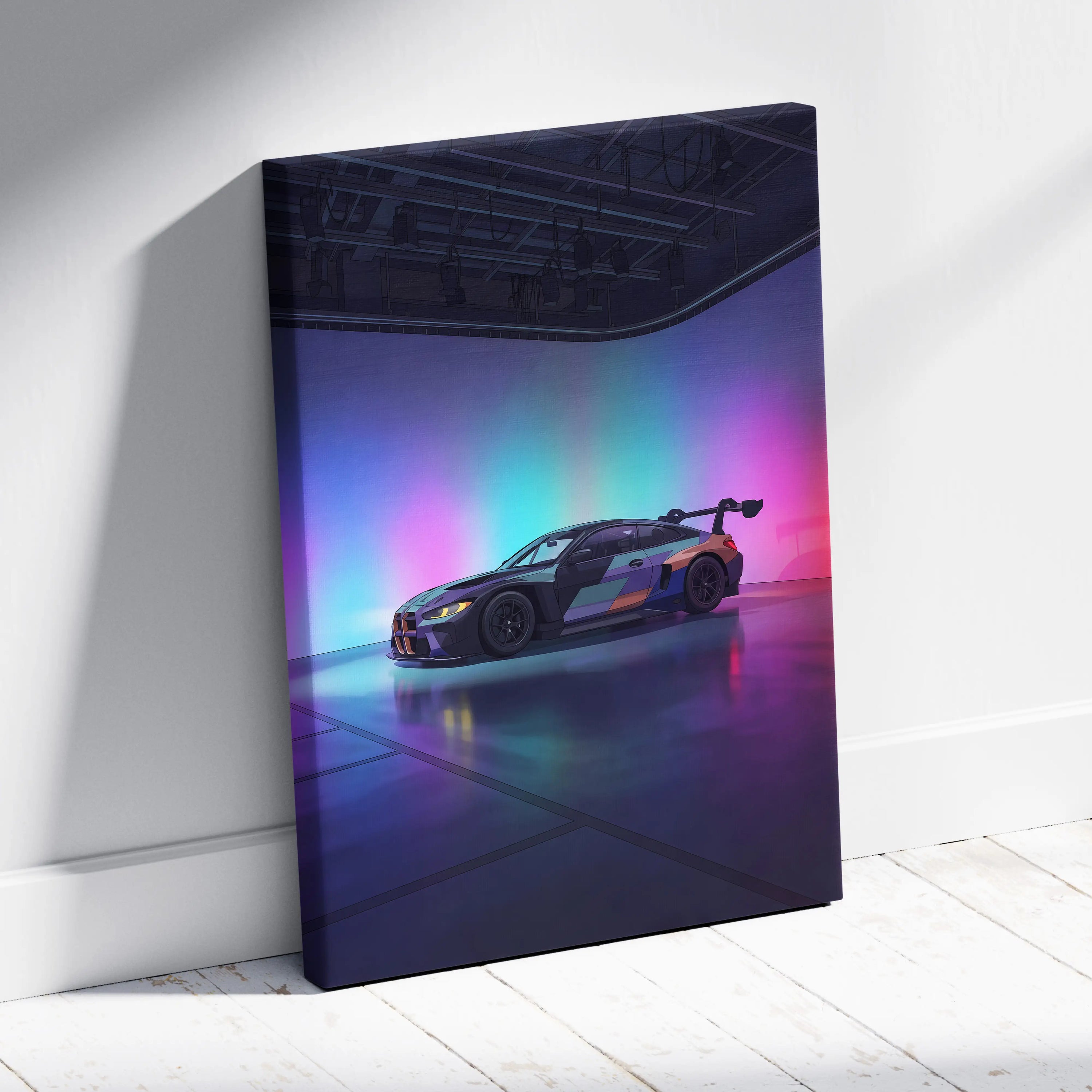 BMW M4 GT3 Inspired Vaporwave Car Canvas - Vaporwave Car Art Neon Pink Cyan Living Room Retro Nostalgic Glow Modern Retro Neon Car Wall Art Canvas