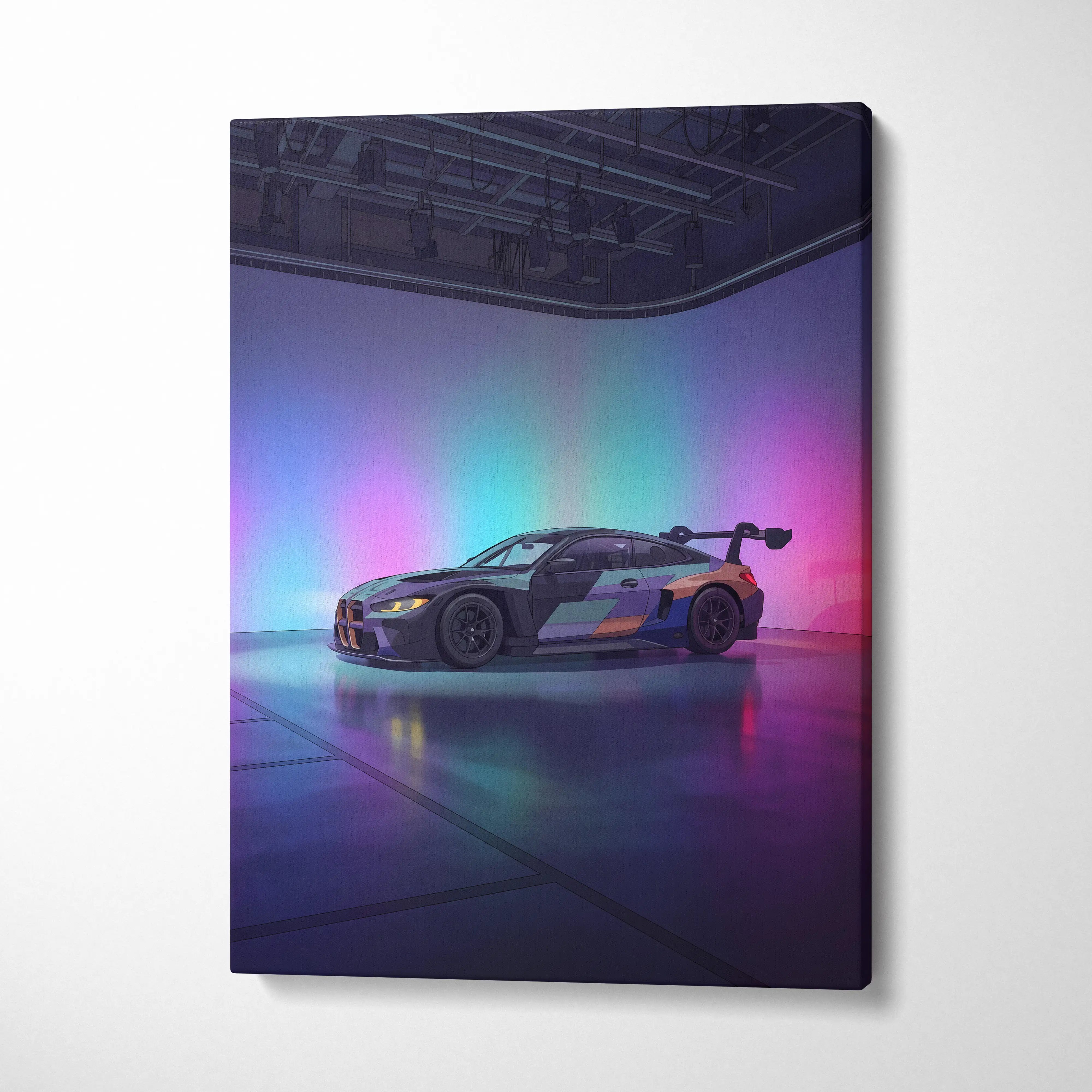 BMW M4 GT3 Inspired Vaporwave Car Canvas - Vaporwave Car Art Neon Pink Cyan Living Room Retro Nostalgic Glow Modern Retro Neon Car Wall Art Canvas