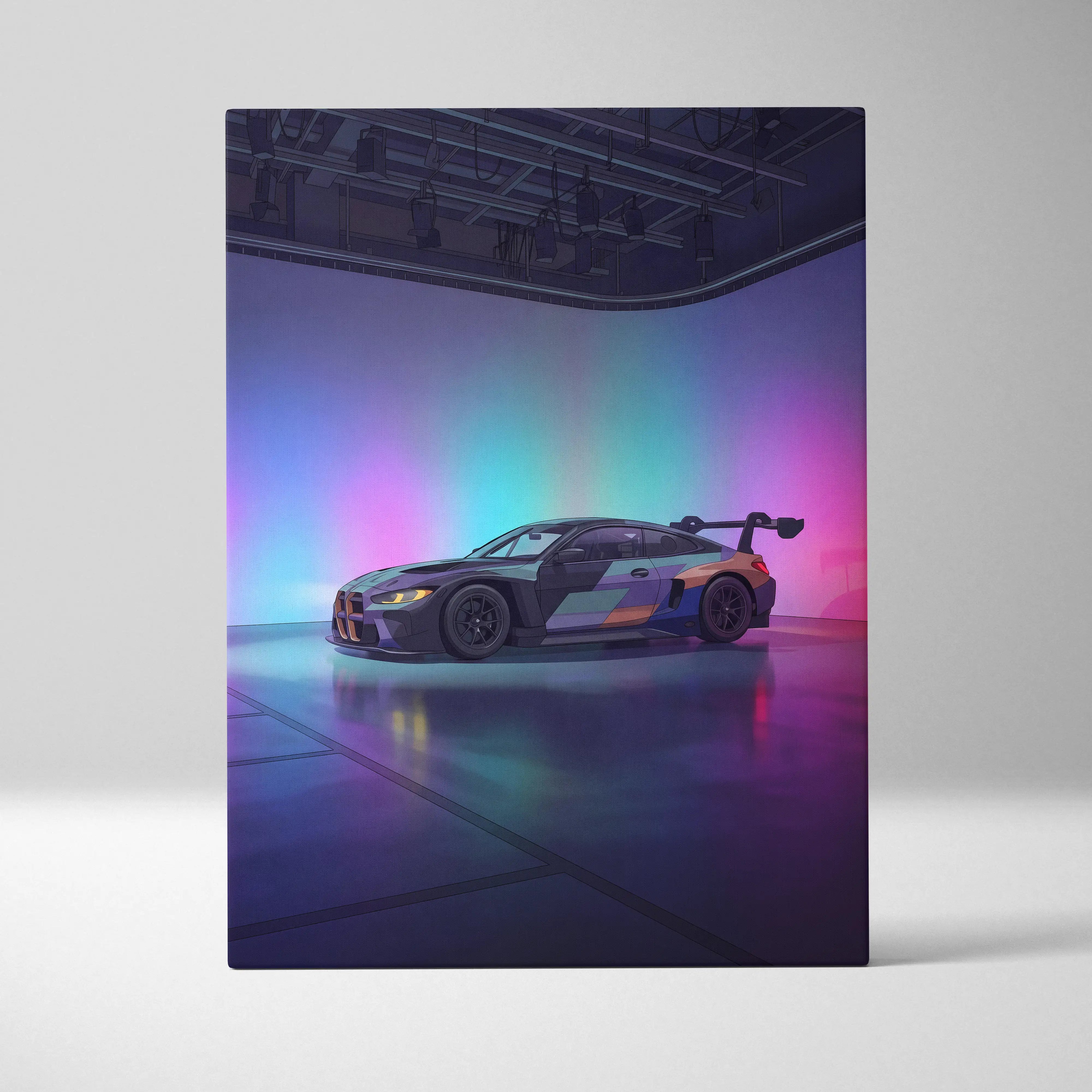 BMW M4 GT3 Inspired Vaporwave Car Canvas - Vaporwave Car Art Neon Pink Cyan Living Room Retro Nostalgic Glow Modern Retro Neon Car Wall Art Canvas