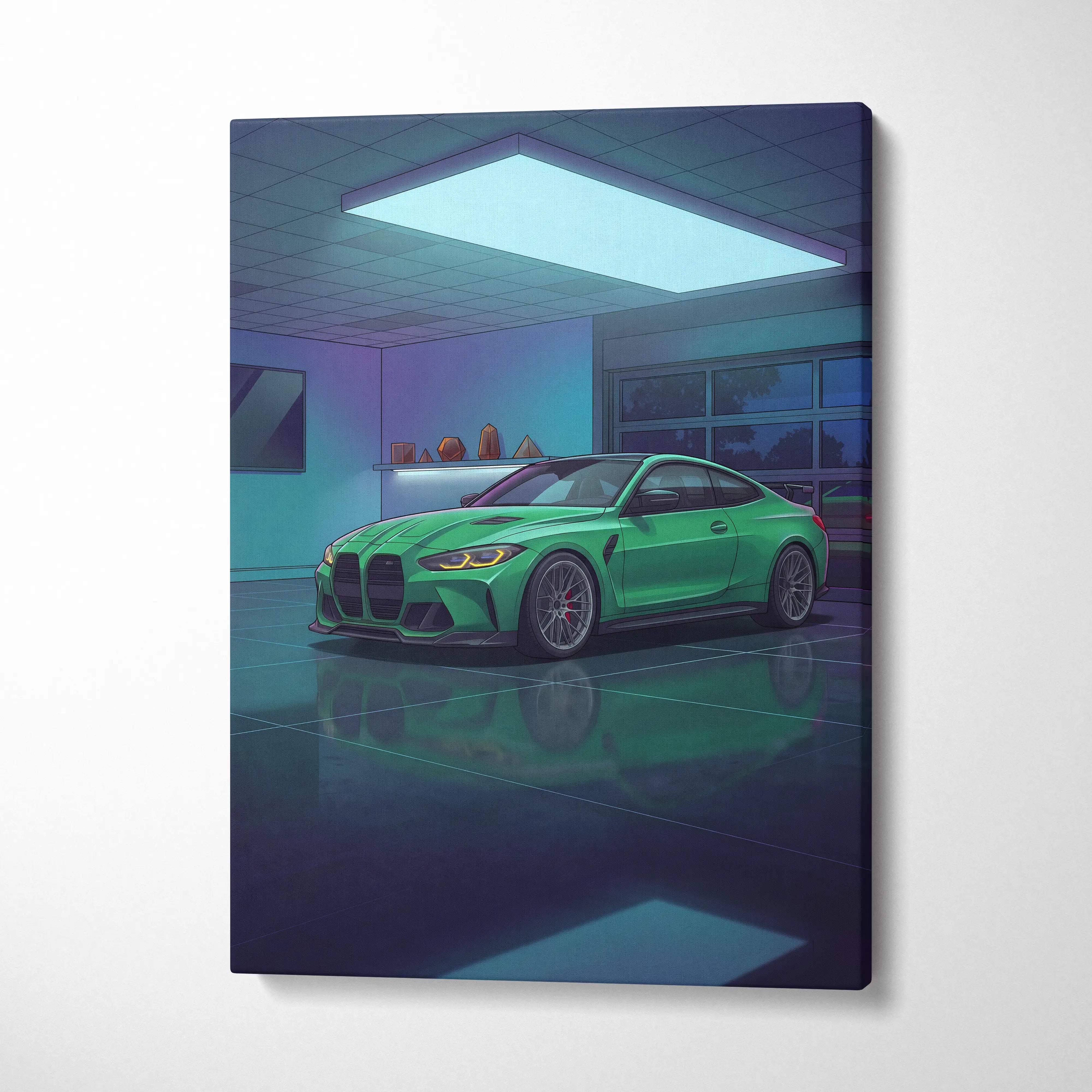 BMW M4 Inspired Vaporwave Car Canvas - Vaporwave Car Neon Green Blue Purple Bedroom Retro Futurism Nostalgic Vaporwave Wall Art