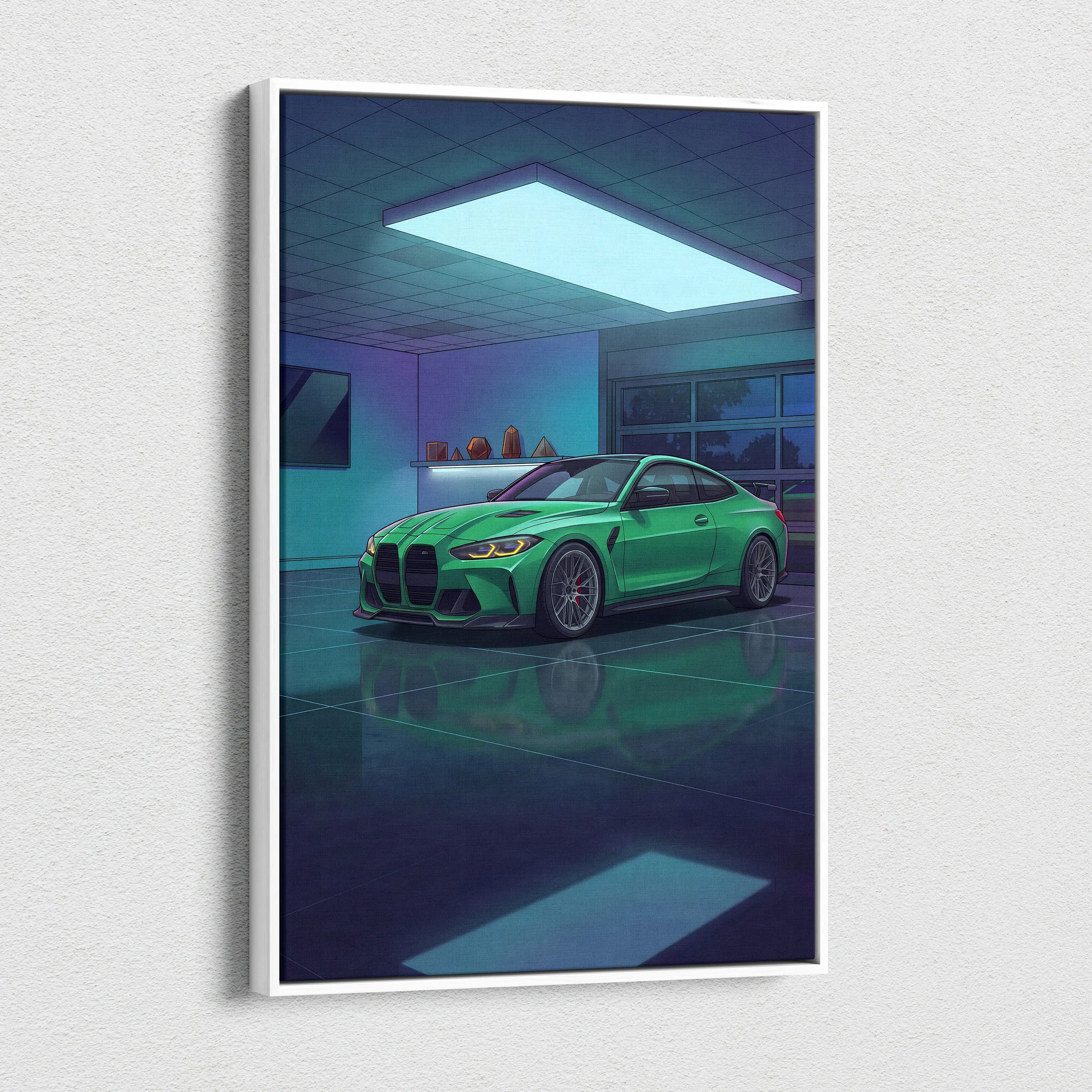 BMW M4 Inspired Vaporwave Car Canvas - Vaporwave Car Neon Green Blue Purple Bedroom Retro Futurism Nostalgic Vaporwave Wall Art
