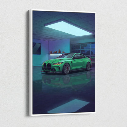 BMW M4 Inspired Vaporwave Car Canvas - Vaporwave Car Neon Green Blue Purple Bedroom Retro Futurism Nostalgic Vaporwave Wall Art
