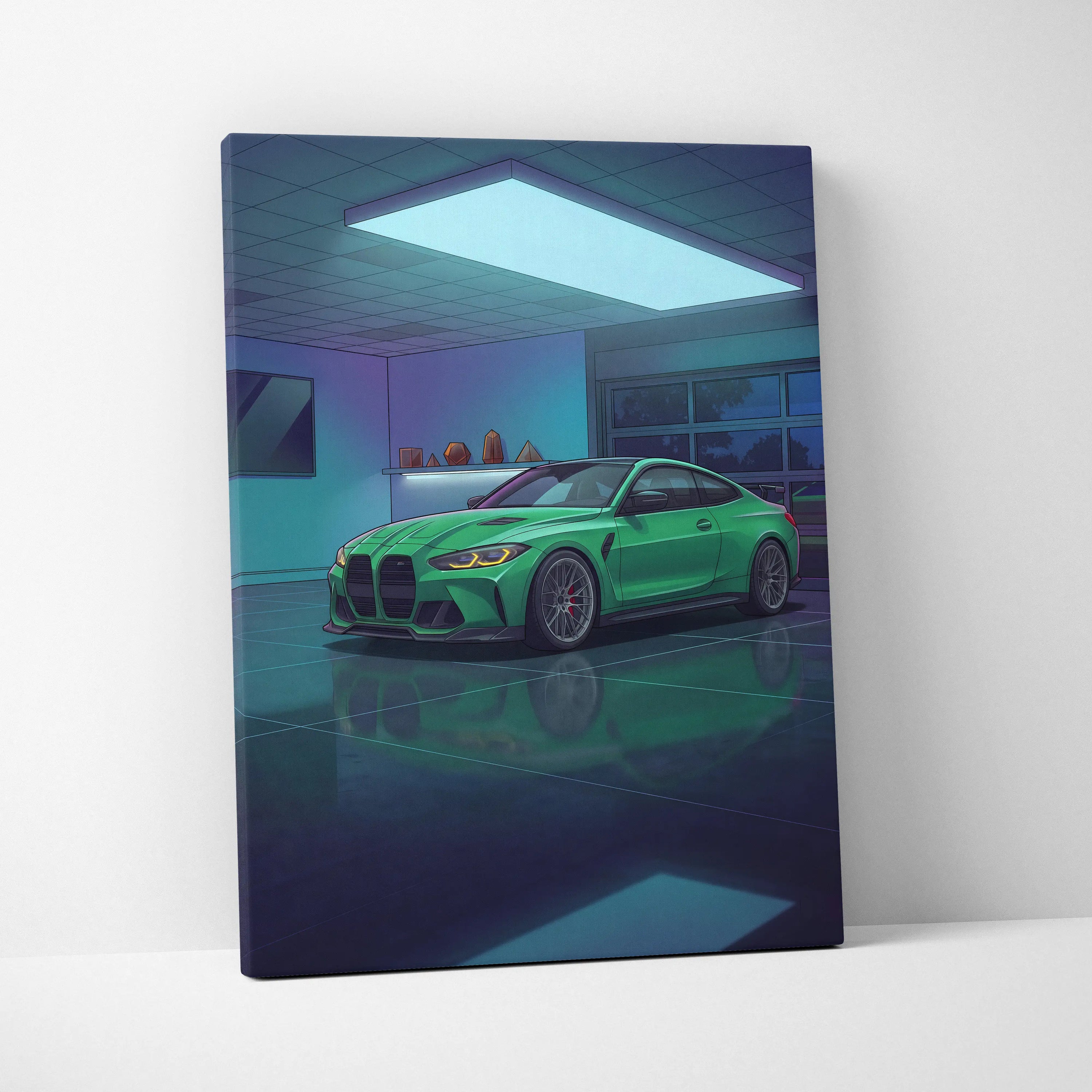 BMW M4 Inspired Vaporwave Car Canvas - Vaporwave Car Neon Green Blue Purple Bedroom Retro Futurism Nostalgic Vaporwave Wall Art
