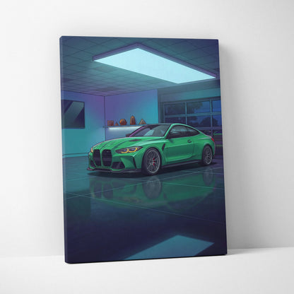 BMW M4 Inspired Vaporwave Car Canvas - Vaporwave Car Neon Green Blue Purple Bedroom Retro Futurism Nostalgic Vaporwave Wall Art
