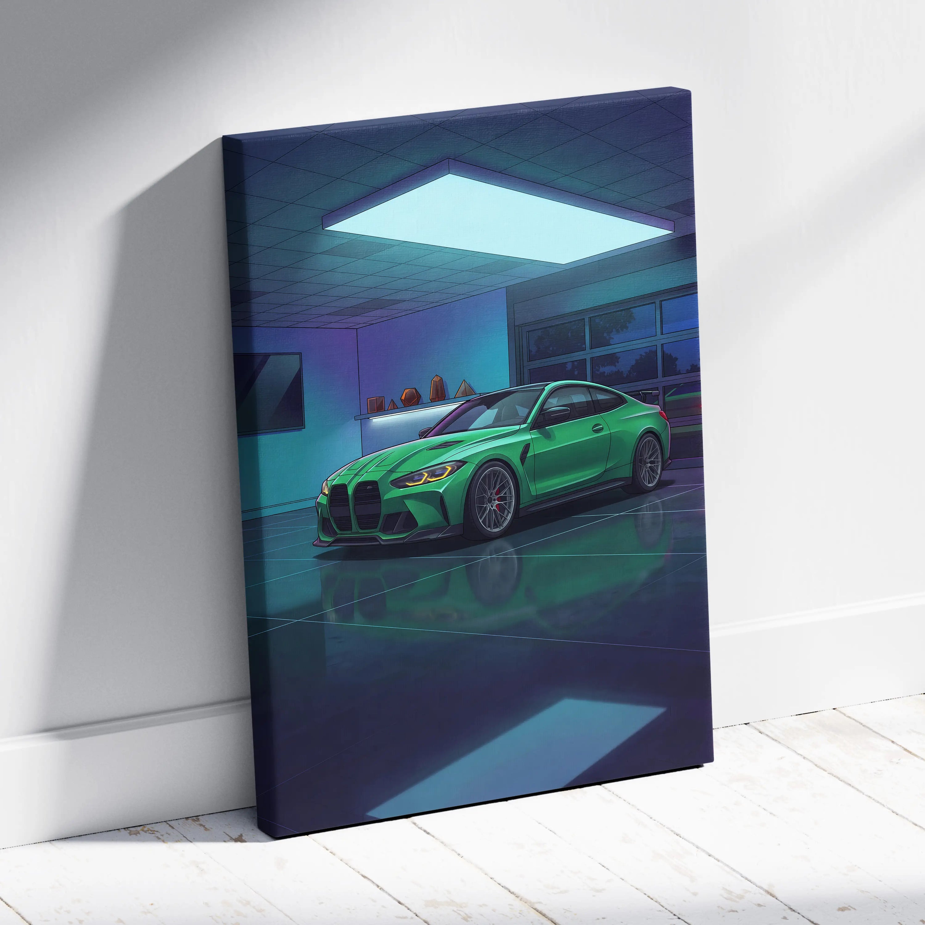 BMW M4 Inspired Vaporwave Car Canvas - Vaporwave Car Neon Green Blue Purple Bedroom Retro Futurism Nostalgic Vaporwave Wall Art