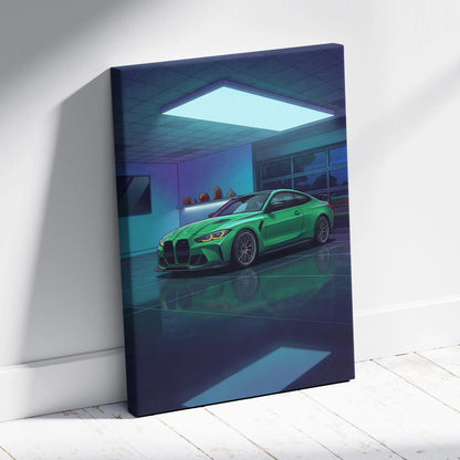 BMW M4 Inspired Vaporwave Car Canvas - Vaporwave Car Neon Green Blue Purple Bedroom Retro Futurism Nostalgic Vaporwave Wall Art