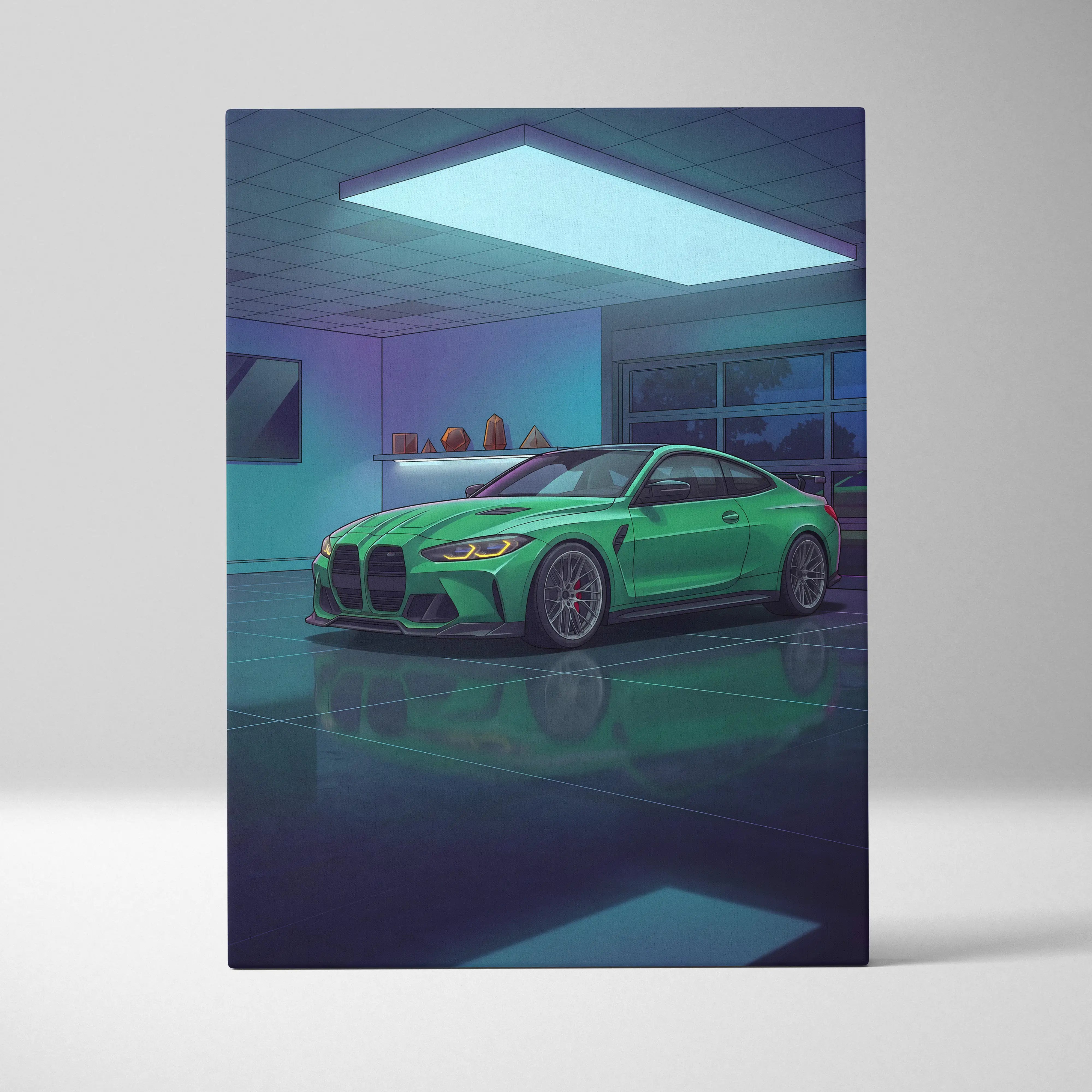 BMW M4 Inspired Vaporwave Car Canvas - Vaporwave Car Neon Green Blue Purple Bedroom Retro Futurism Nostalgic Vaporwave Wall Art