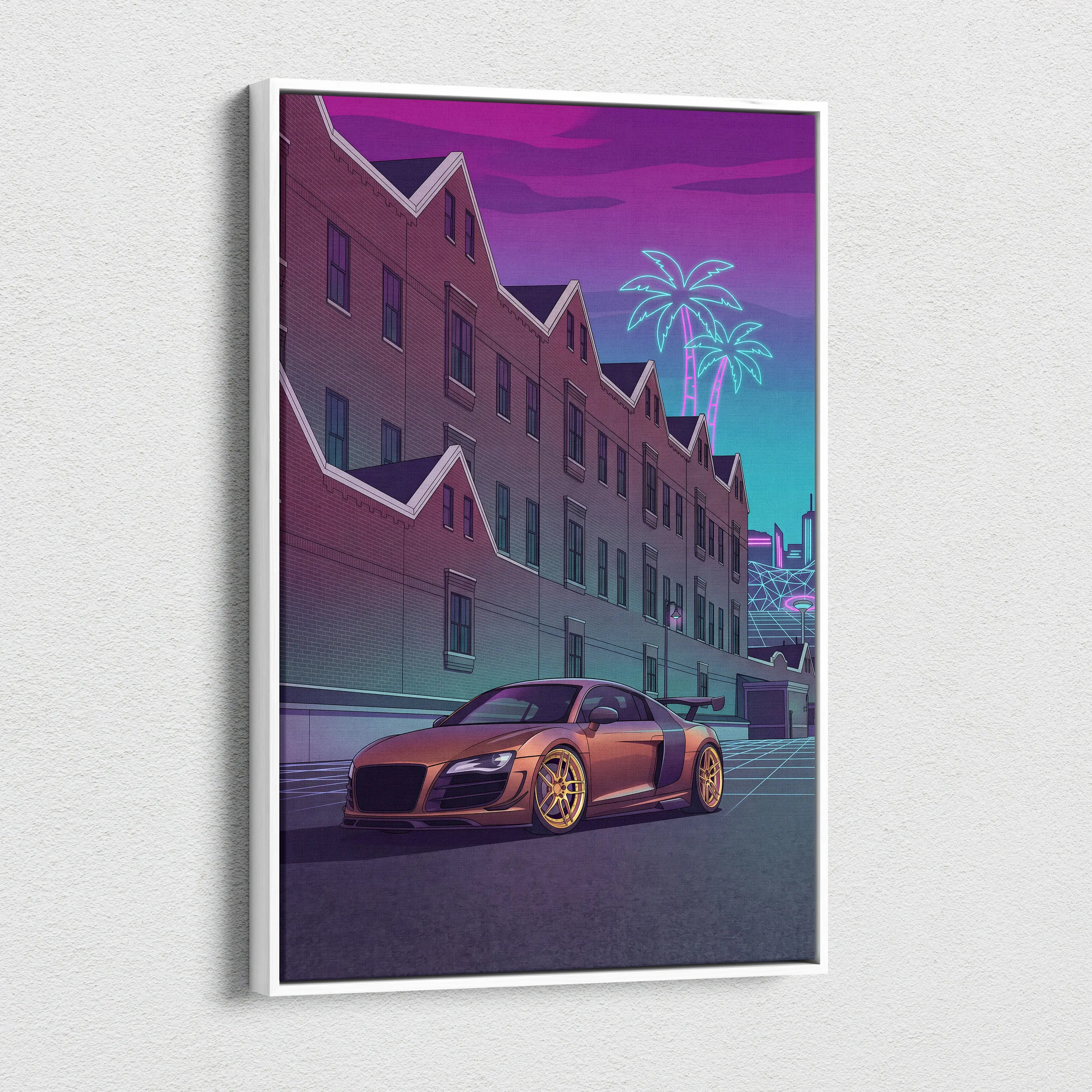 Audi R8 Inspired Vaporwave Neon Car Canvas - Vaporwave Car Canvas Pink Teal Living Room Retro Nostalgic Mood Synthwave Wall Art Canvas