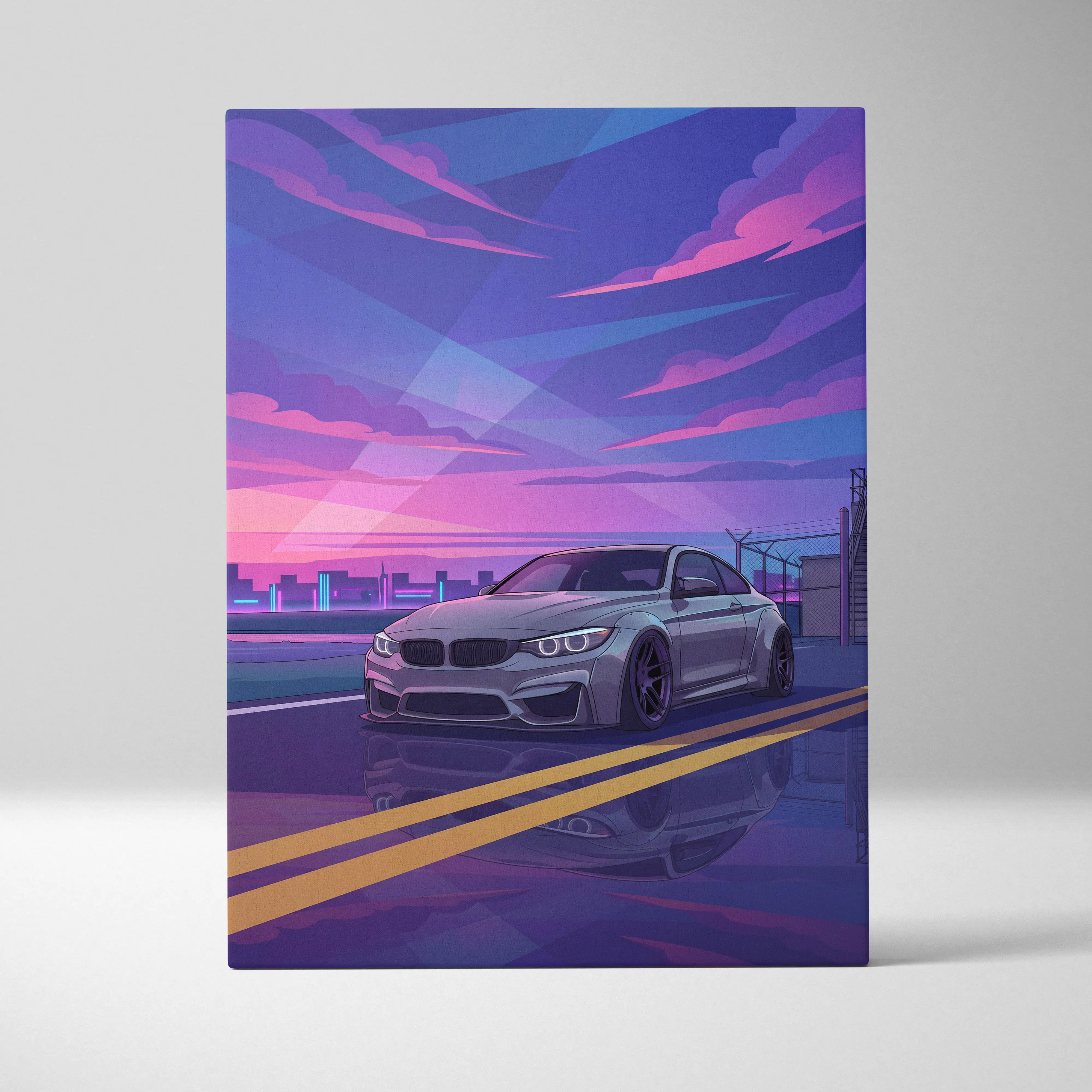 BMW M4 Inspired Canvas Art - Car Art Neon Purple Blue Living Room Vaporwave Nostalgic Mood Neon Cityscape Canvas Print