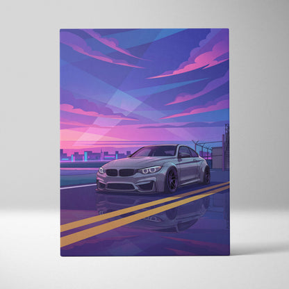 BMW M4 Inspired Canvas Art - Car Art Neon Purple Blue Living Room Vaporwave Nostalgic Mood Neon Cityscape Canvas Print