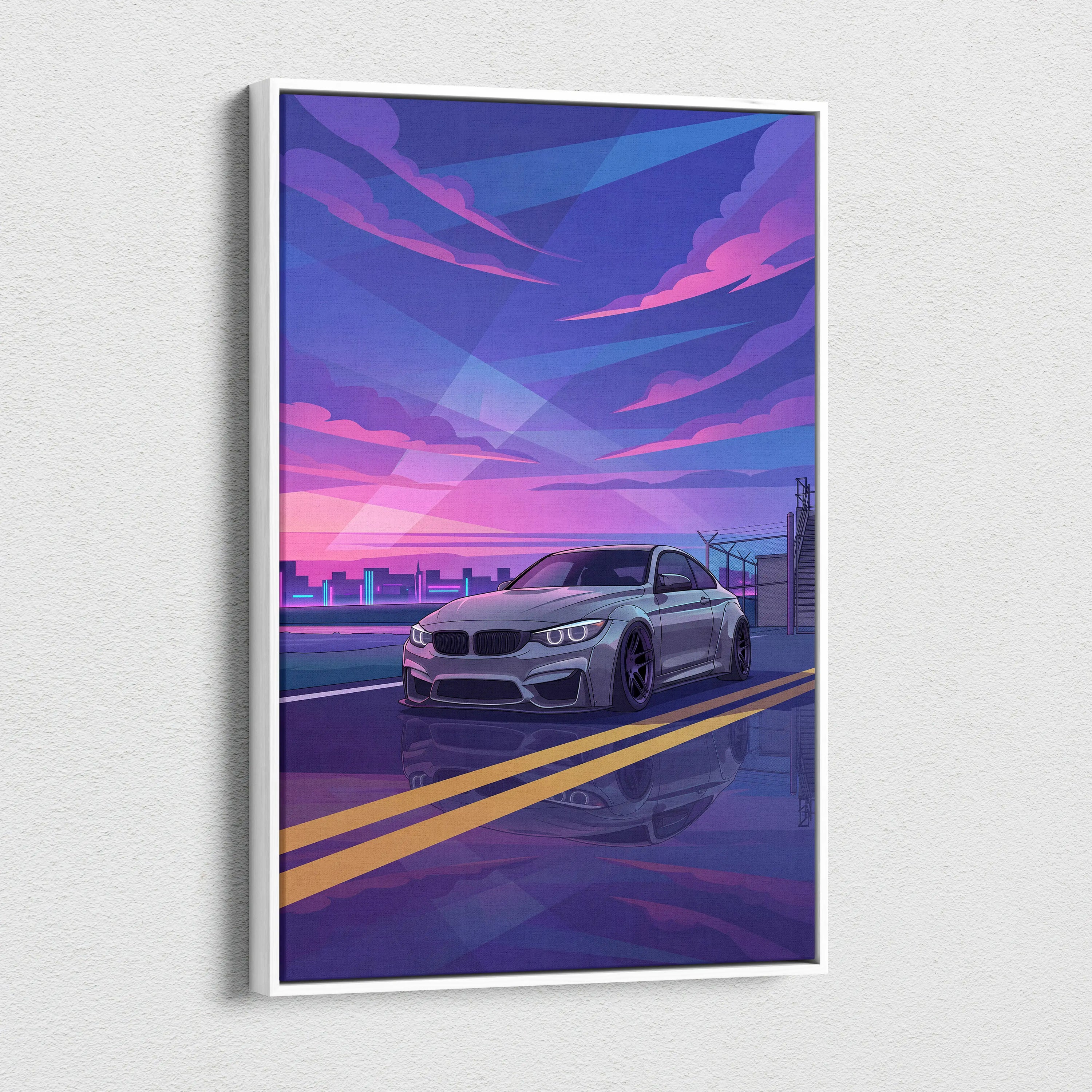 BMW M4 Inspired Canvas Art - Car Art Neon Purple Blue Living Room Vaporwave Nostalgic Mood Neon Cityscape Canvas Print