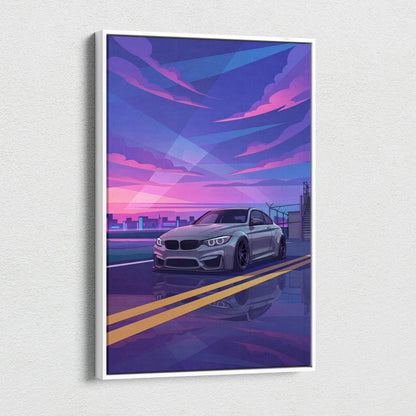 BMW M4 Inspired Canvas Art - Car Art Neon Purple Blue Living Room Vaporwave Nostalgic Mood Neon Cityscape Canvas Print