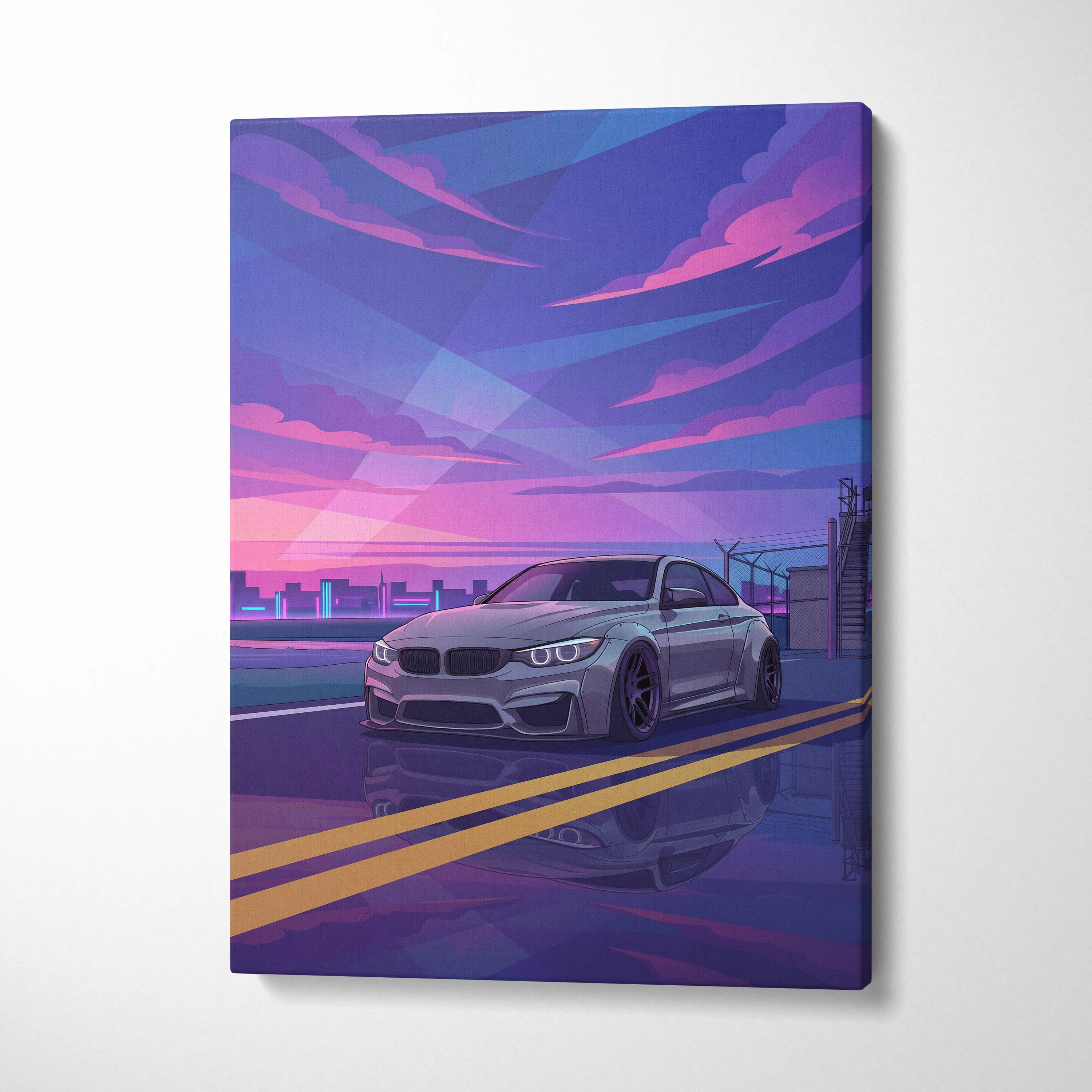 BMW M4 Inspired Canvas Art - Car Art Neon Purple Blue Living Room Vaporwave Nostalgic Mood Neon Cityscape Canvas Print