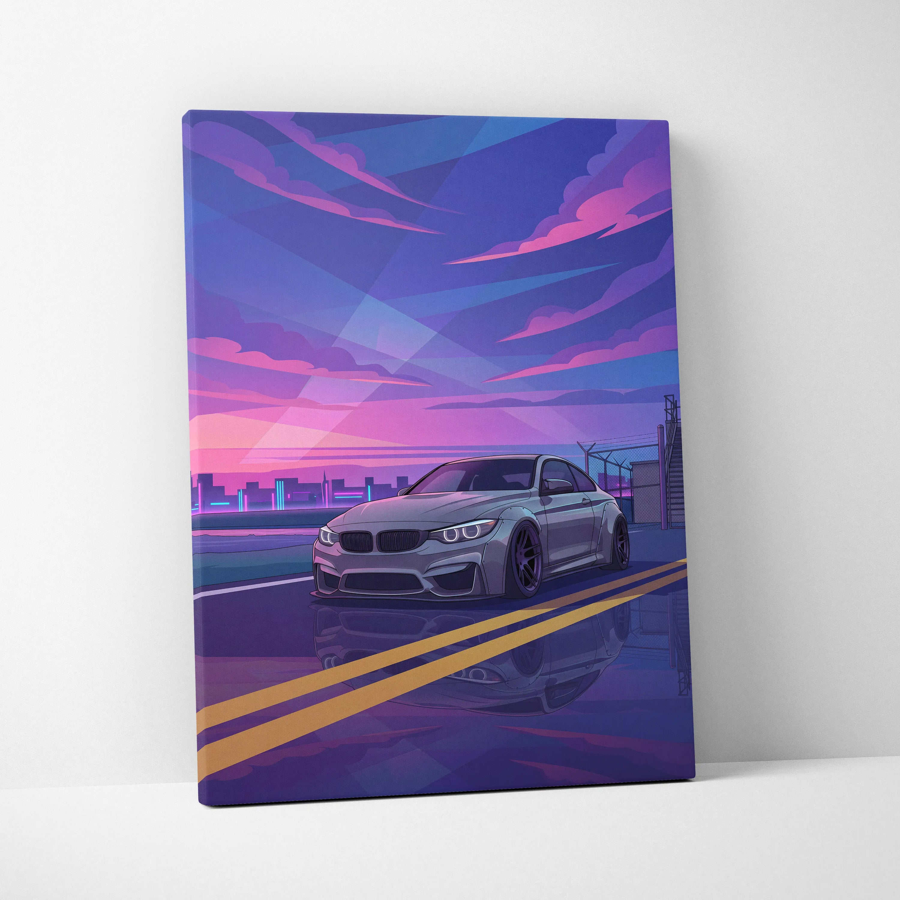 BMW M4 Inspired Canvas Art - Car Art Neon Purple Blue Living Room Vaporwave Nostalgic Mood Neon Cityscape Canvas Print