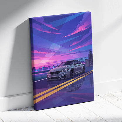 BMW M4 Inspired Canvas Art - Car Art Neon Purple Blue Living Room Vaporwave Nostalgic Mood Neon Cityscape Canvas Print