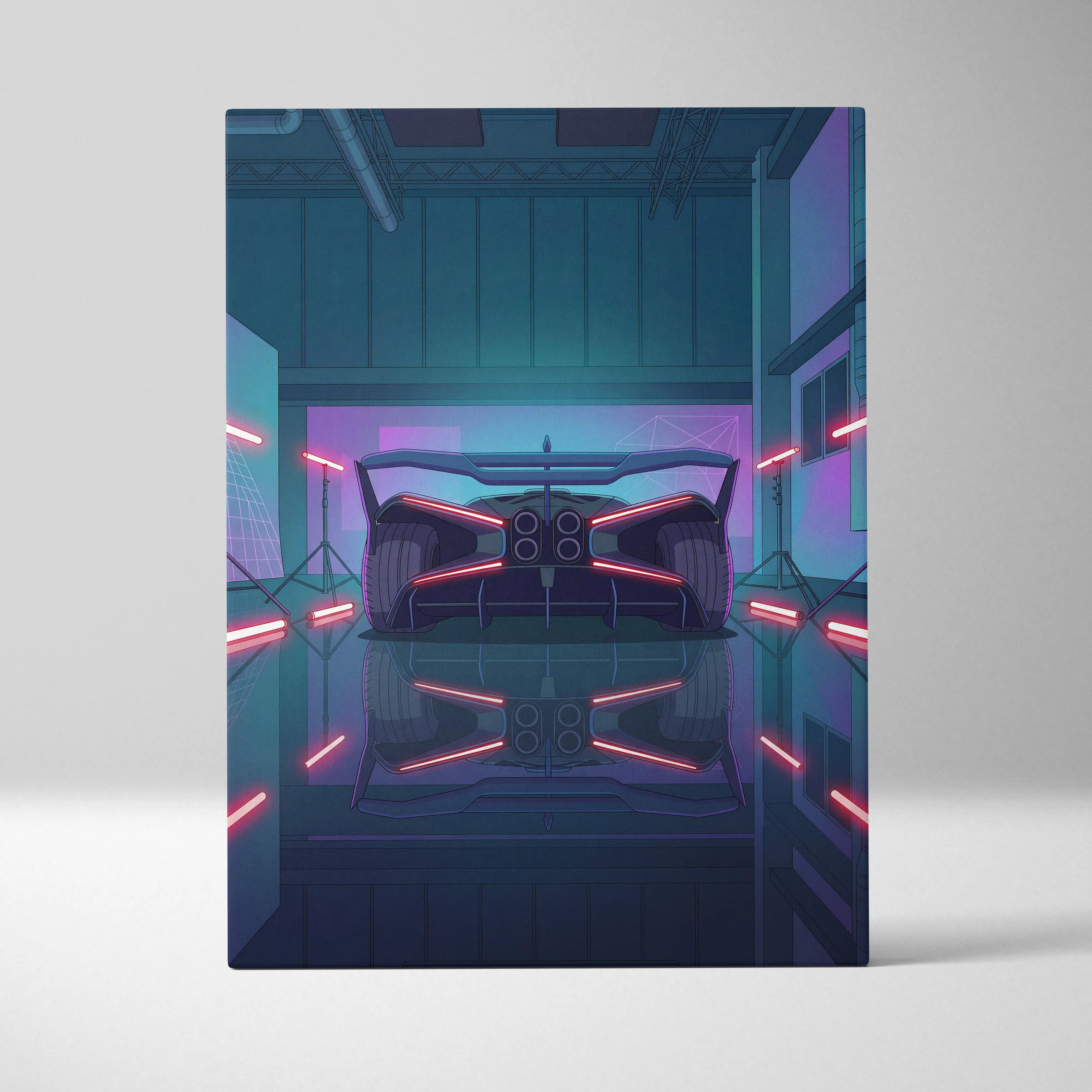 A sleek black bugatti bolide inspired vaporwave canvas with glowing red accents and neon blue pink lighting