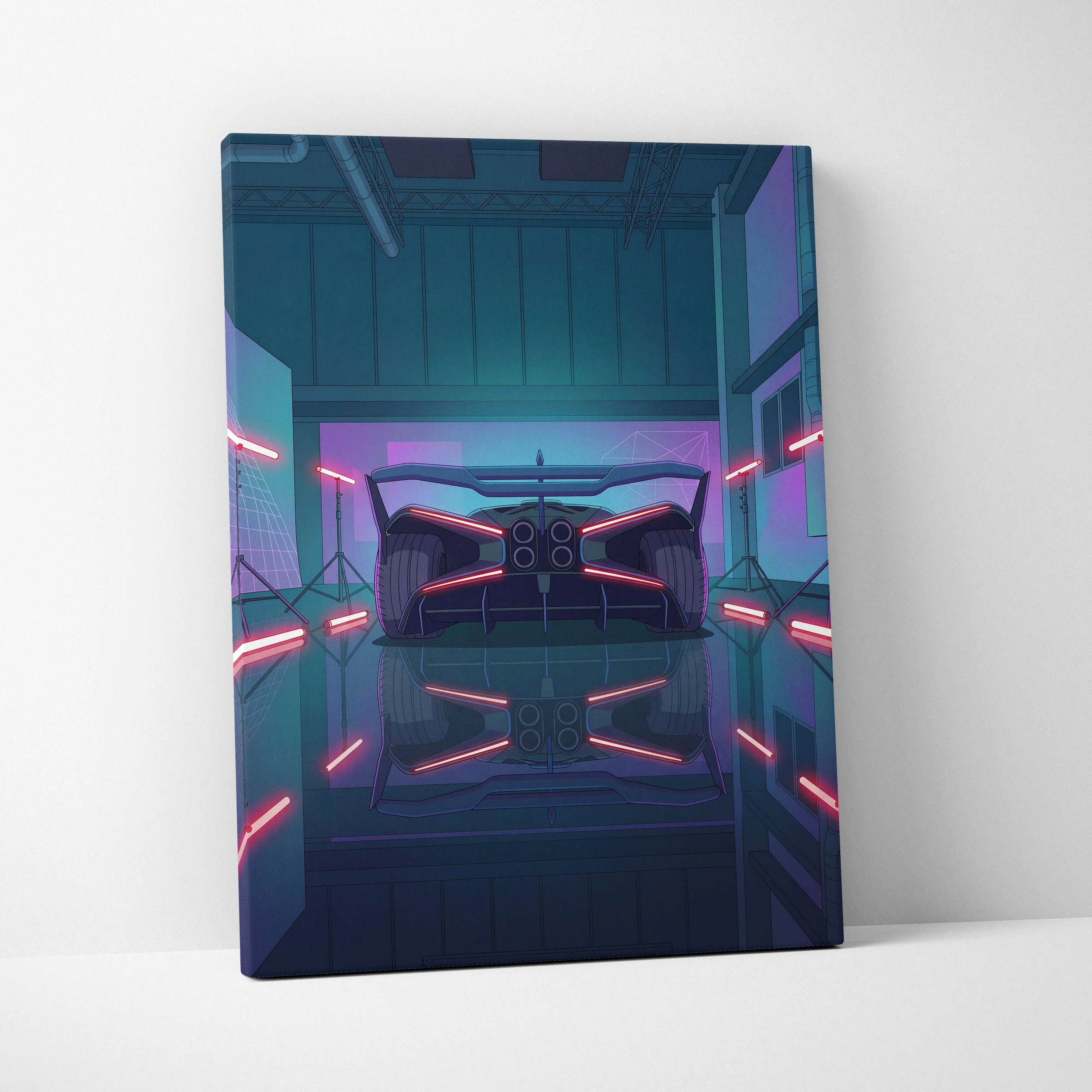 Bugatti Bolide Inspired Vaporwave Car Canvas - Car Neon Blue Pink Living Room Vaporwave Mood Nostalgic Neon Glow Retro Futurism Canvas
