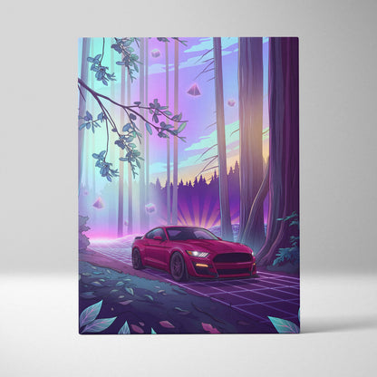 Ford Mustang Shelby GT500 Inspired Red Purple Canvas Wall Art Vaporwave Muscle Car Artwork Neon Forest Garage Decor Retro Futuristic Sunset Print