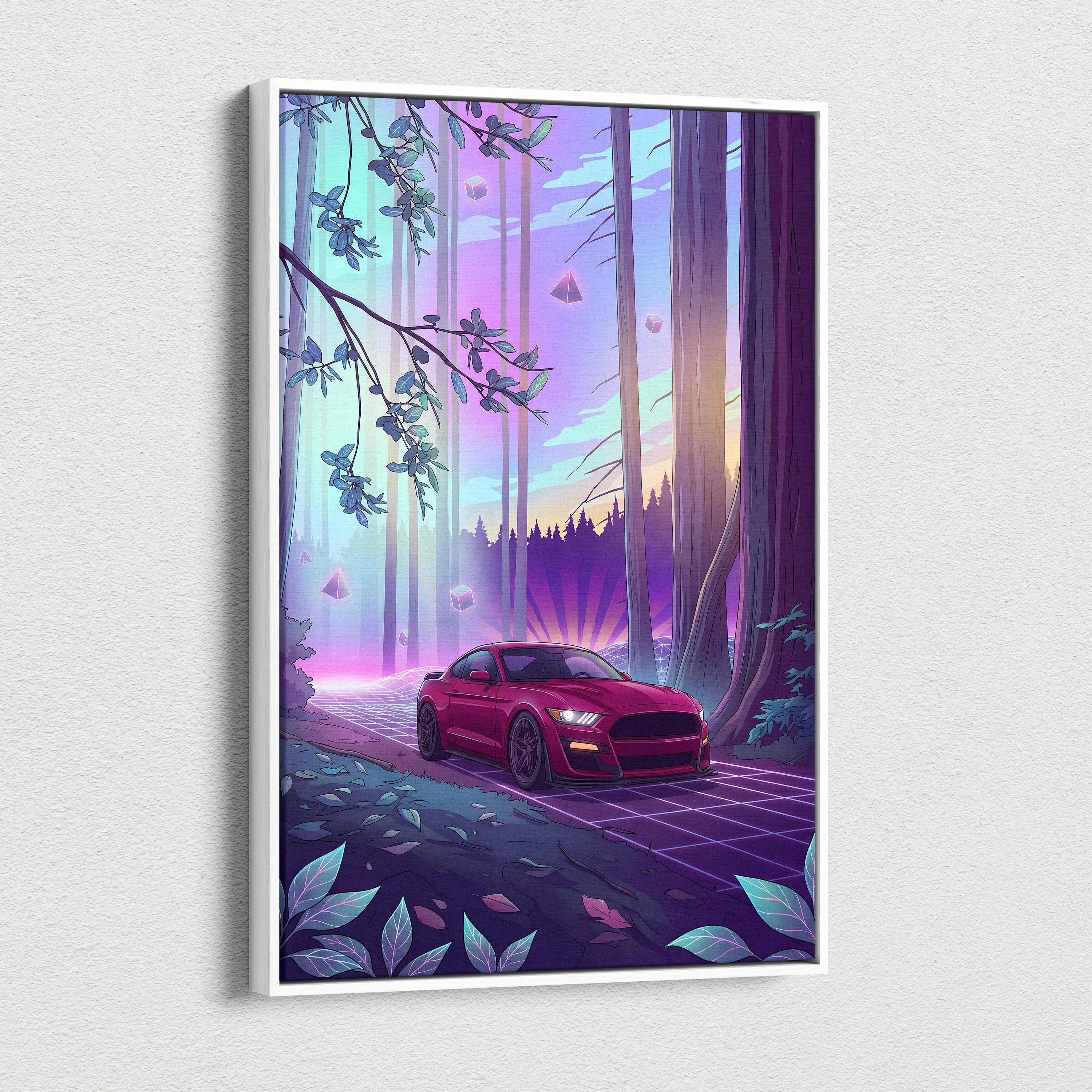 Ford Mustang Shelby GT500 Inspired Red Purple Canvas Wall Art Vaporwave Muscle Car Artwork Neon Forest Garage Decor Retro Futuristic Sunset Print