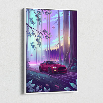 Ford Mustang Shelby GT500 Inspired Red Purple Canvas Wall Art Vaporwave Muscle Car Artwork Neon Forest Garage Decor Retro Futuristic Sunset Print