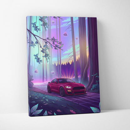 Ford Mustang Shelby GT500 Inspired Red Purple Canvas Wall Art Vaporwave Muscle Car Artwork Neon Forest Garage Decor Retro Futuristic Sunset Print