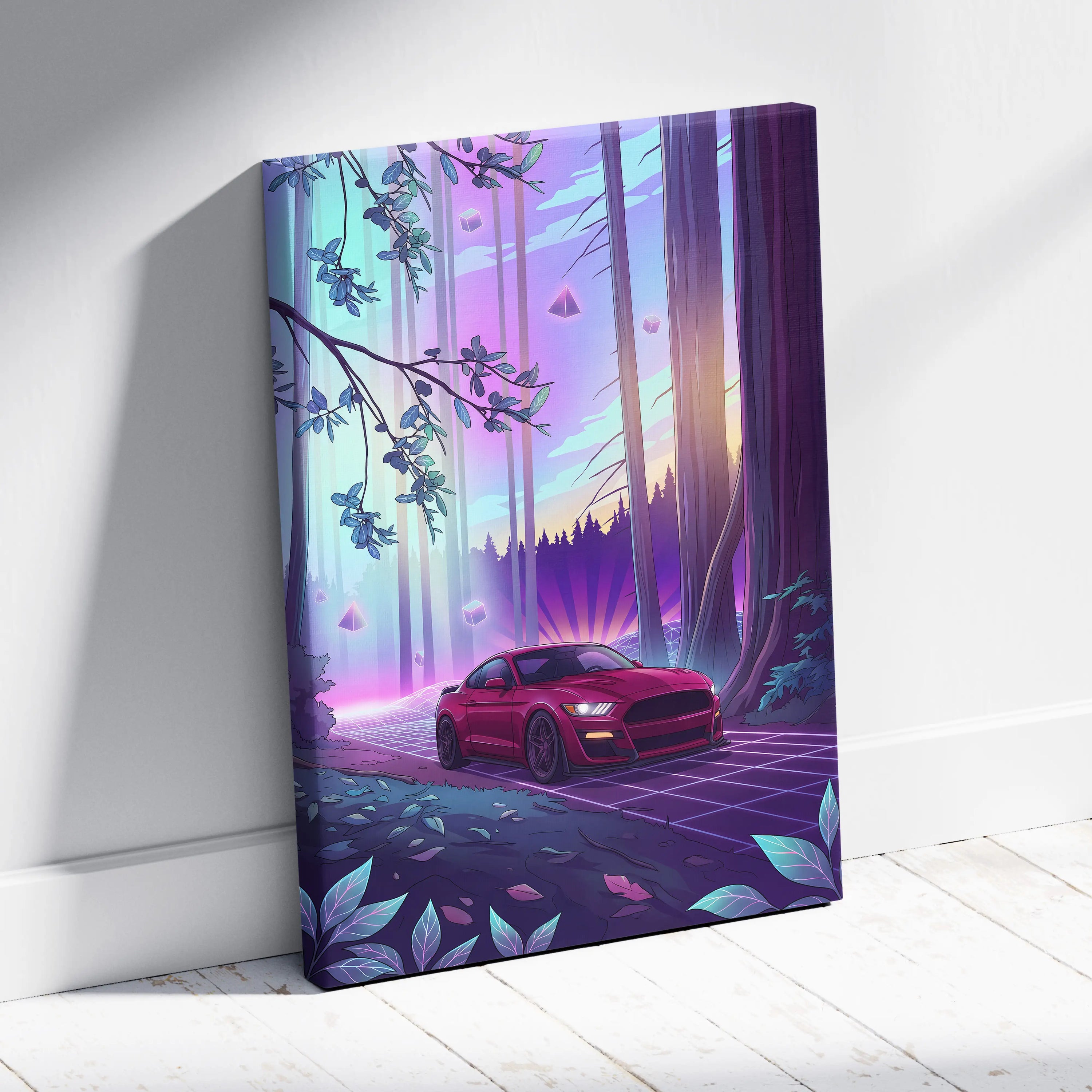 Ford Mustang Shelby GT500 Inspired Red Purple Canvas Wall Art Vaporwave Muscle Car Artwork Neon Forest Garage Decor Retro Futuristic Sunset Print