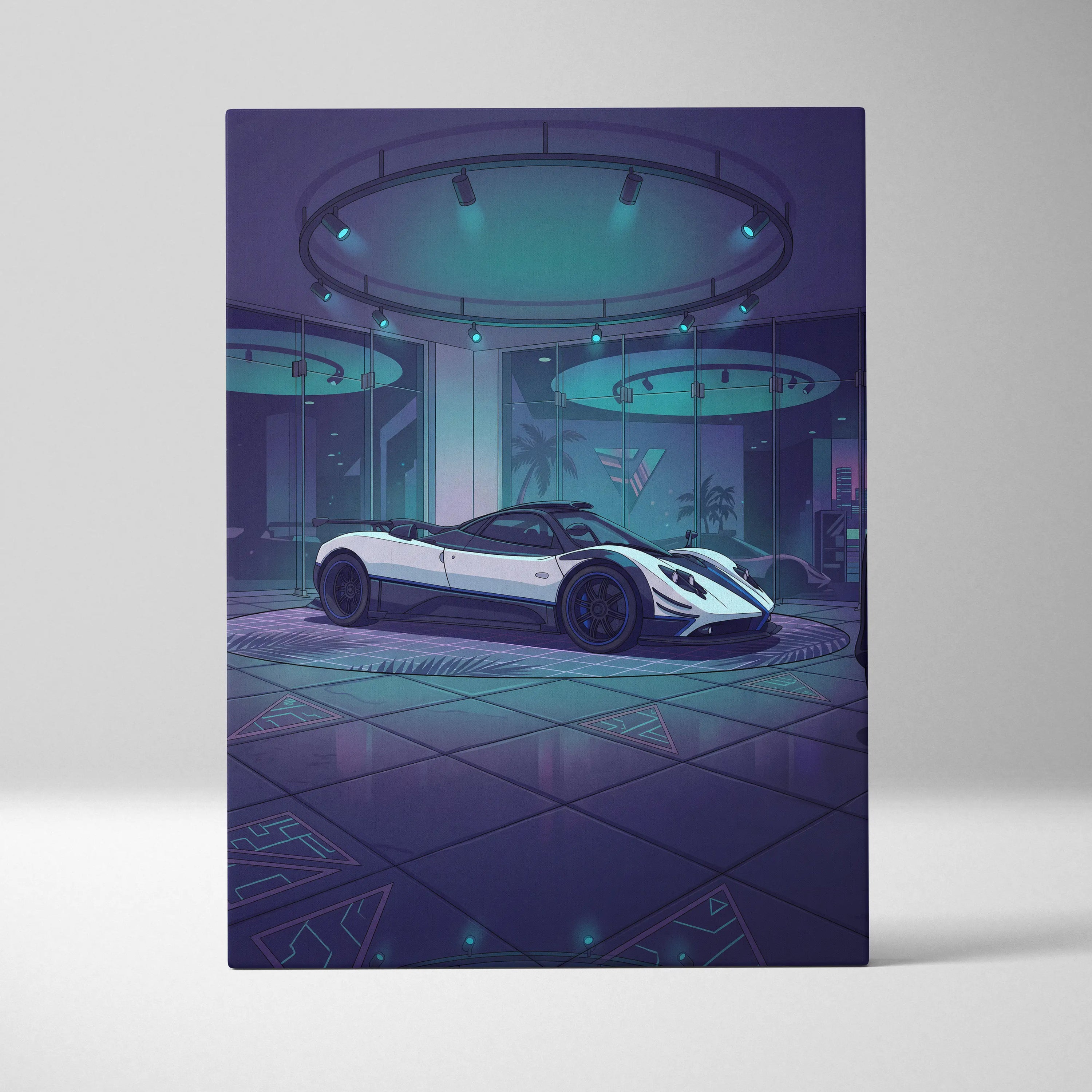 Pagani Zonda Inspired White Purple Canvas Wall Art Vaporwave Hypercar Artwork Neon Showroom Garage Decor Retro Futuristic Luxury Car Print
