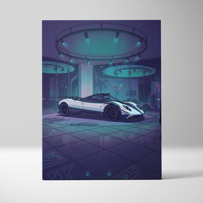 Pagani Zonda Inspired White Purple Canvas Wall Art Vaporwave Hypercar Artwork Neon Showroom Garage Decor Retro Futuristic Luxury Car Print