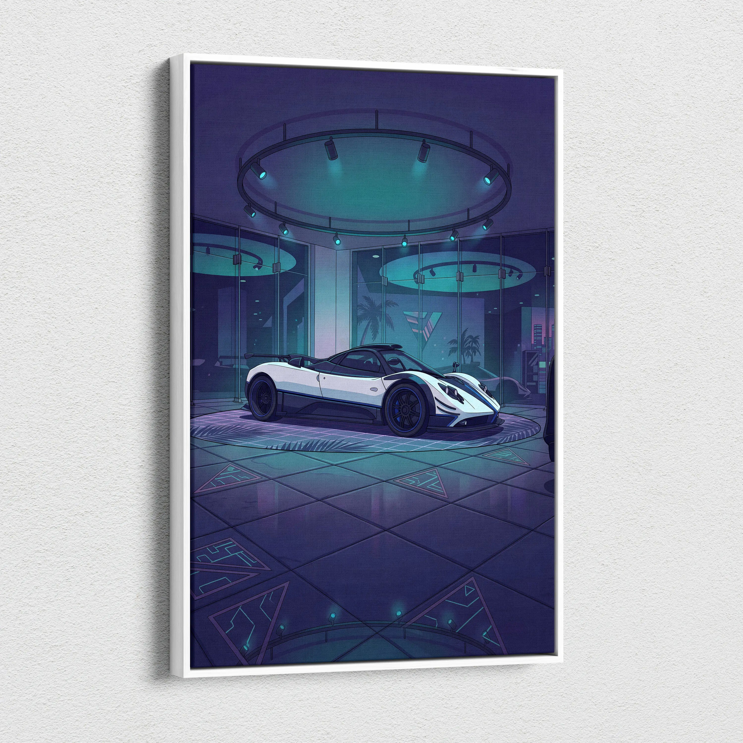 Pagani Zonda Inspired White Purple Canvas Wall Art Vaporwave Hypercar Artwork Neon Showroom Garage Decor Retro Futuristic Luxury Car Print
