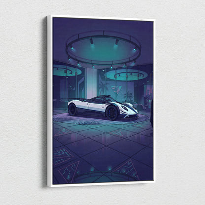 Pagani Zonda Inspired White Purple Canvas Wall Art Vaporwave Hypercar Artwork Neon Showroom Garage Decor Retro Futuristic Luxury Car Print