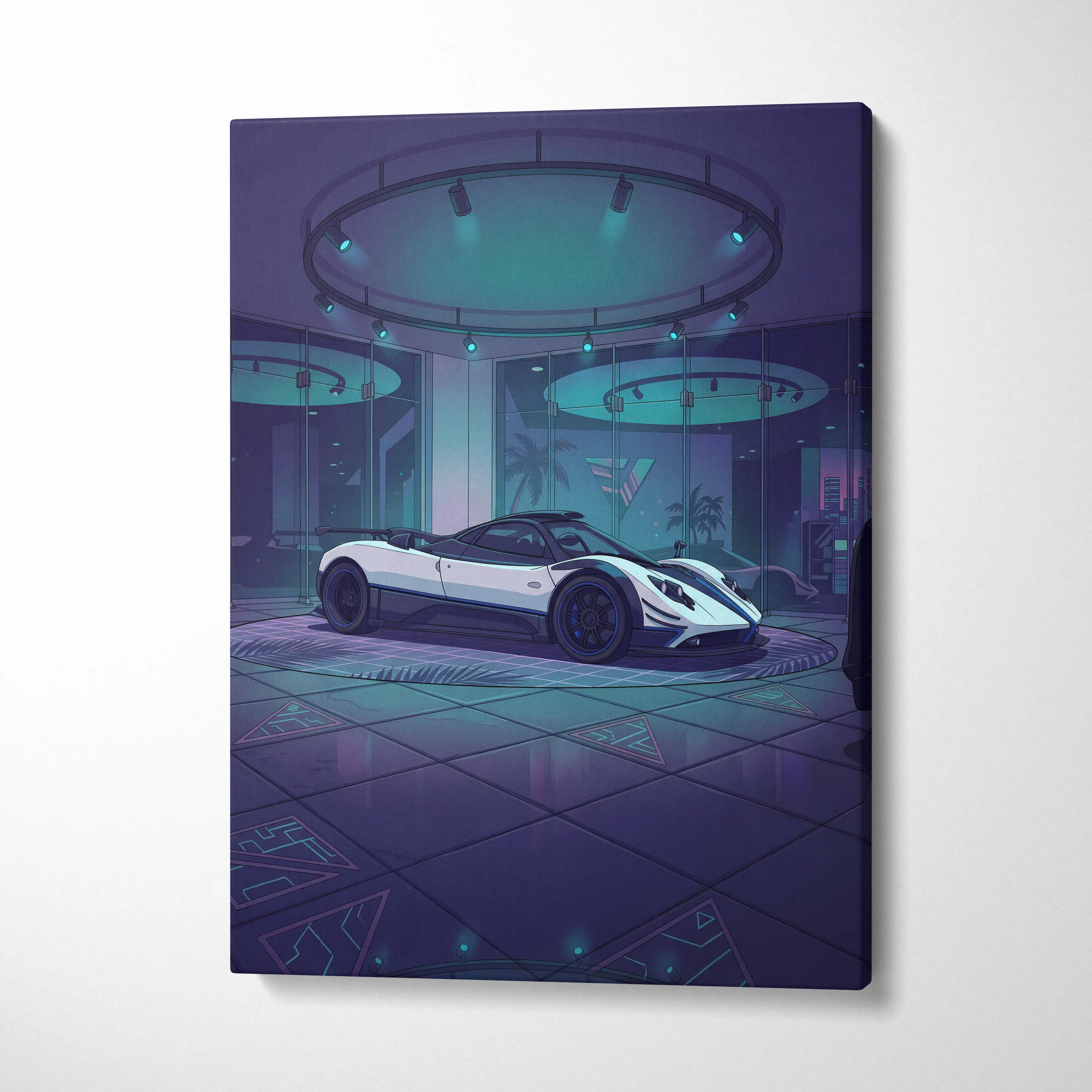 Pagani Zonda Inspired White Purple Canvas Wall Art Vaporwave Hypercar Artwork Neon Showroom Garage Decor Retro Futuristic Luxury Car Print
