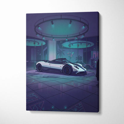 Pagani Zonda Inspired White Purple Canvas Wall Art Vaporwave Hypercar Artwork Neon Showroom Garage Decor Retro Futuristic Luxury Car Print