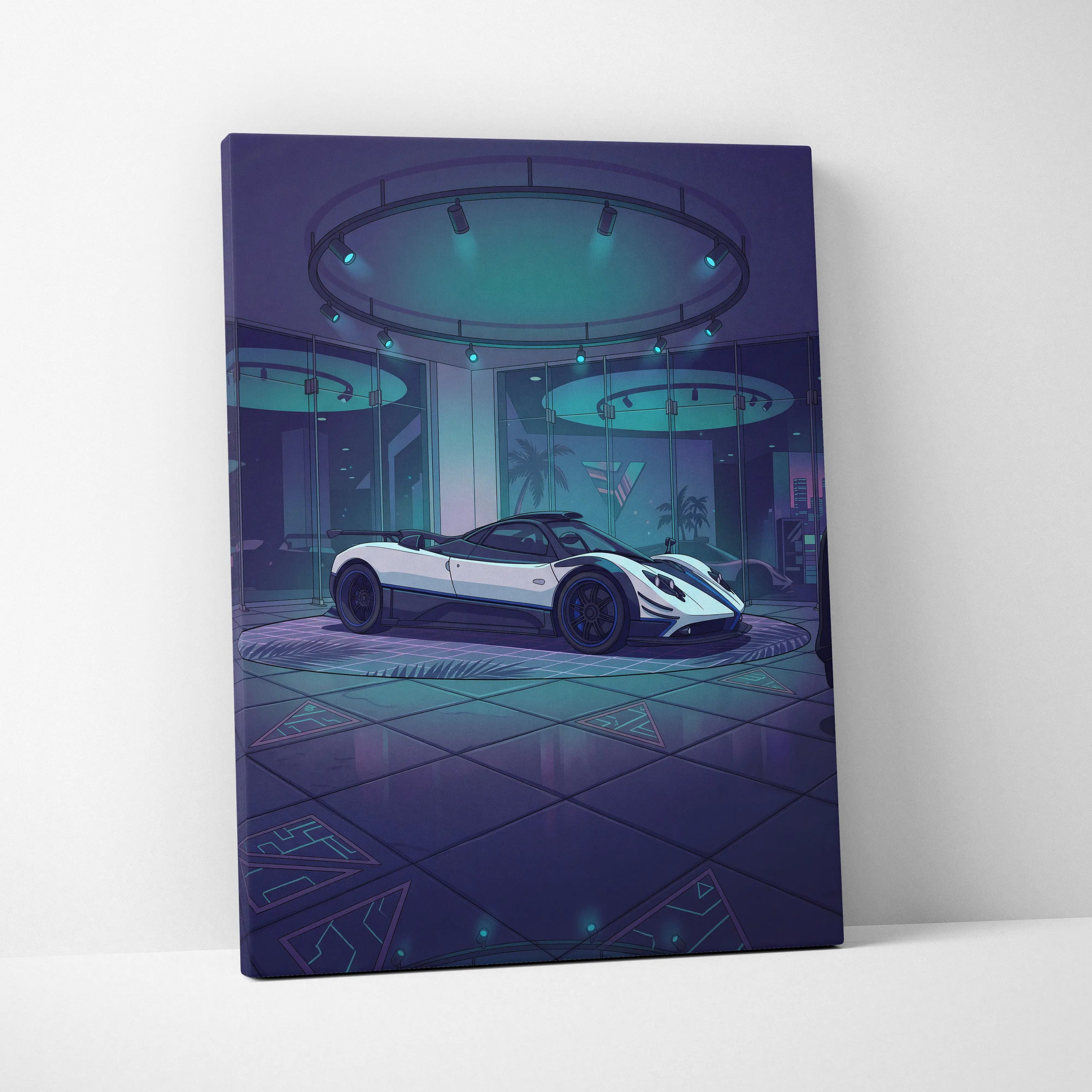 Pagani Zonda Inspired White Purple Canvas Wall Art Vaporwave Hypercar Artwork Neon Showroom Garage Decor Retro Futuristic Luxury Car Print