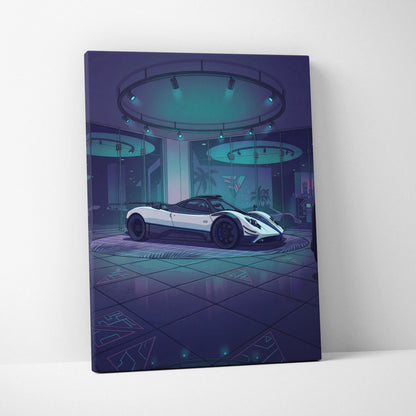 Pagani Zonda Inspired White Purple Canvas Wall Art Vaporwave Hypercar Artwork Neon Showroom Garage Decor Retro Futuristic Luxury Car Print